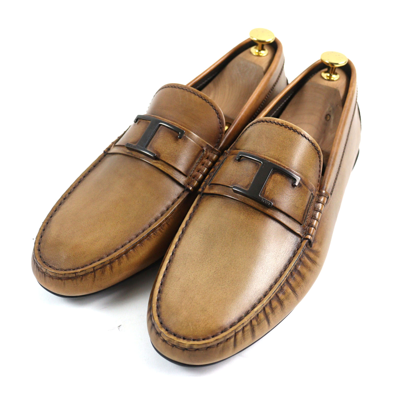 極美品○TOD’S トッズ シティ ゴンミーニ Tタイムレス ブラッシュドレザー ラバーペブル ドライビングシューズ スリッポン ブラウン 9 イタリア製 メン...