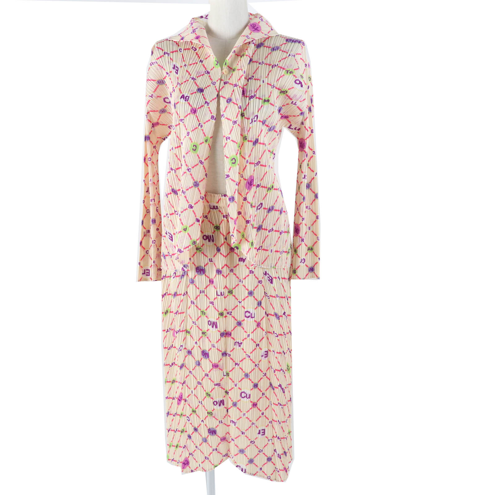 極美品◎PLEATS PLEASE プリーツプリーズ イッセイミヤケ PP81-J0662 PP81-JG664 元素記号格子 シャツ/ロングスカート セットアップ マルチ 3・2 日本製 正規品 レディース【中古】