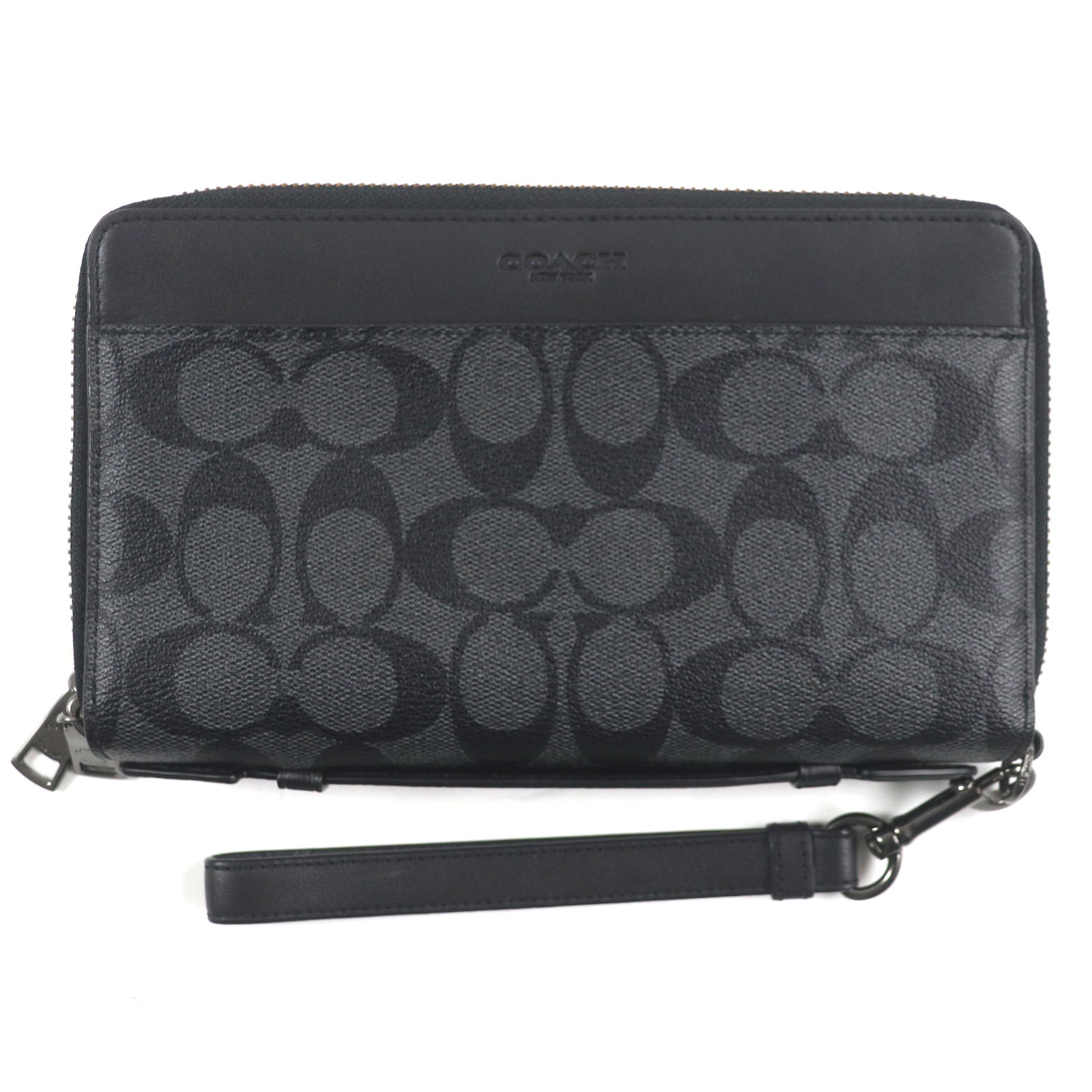 極美品▼COACH コーチ F66562 ロゴ刻印入り シグネチャー レザー使い オーガナイザー ロングウォレット 長財布 ブラック グレー 保存袋付き メンズ【中古】