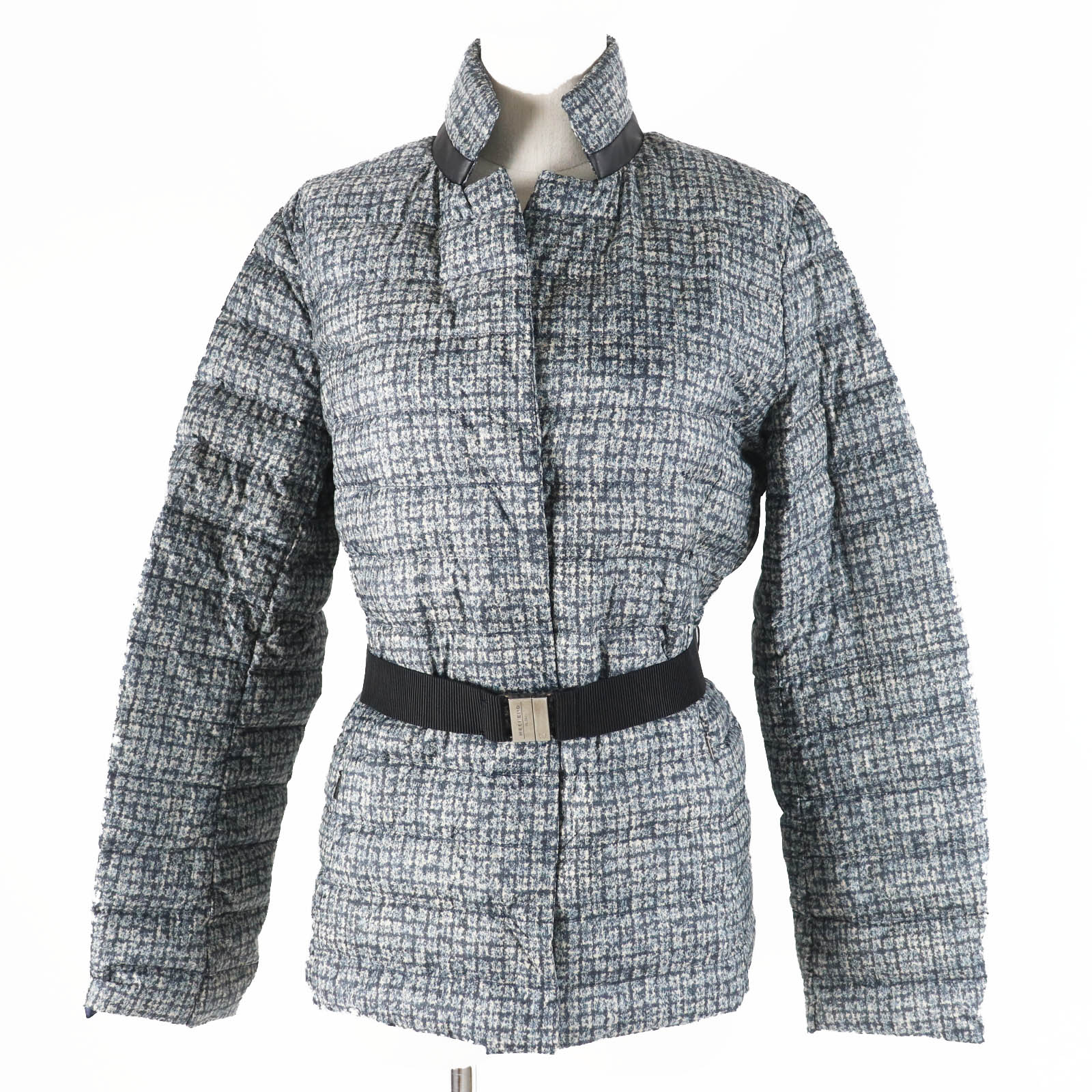 極美品◎WEEKEND MaxMara ウィークエンドマックスマーラ 54860359 ベルト付き ツイード転写プリント ダウンジャケット ネイビー ブルー系 44 正規品 レディース【中古】