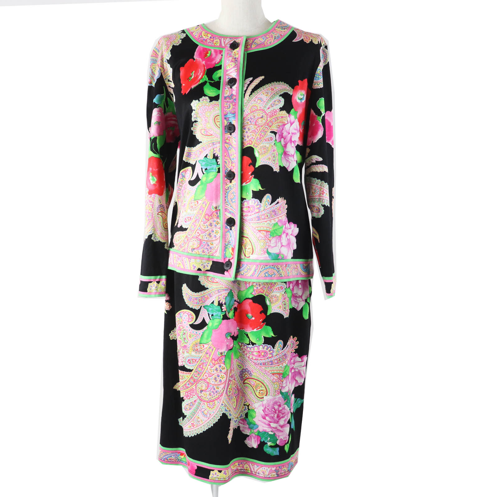 極美品◎LEONARD FASHION レオナール ファッション 0339183 0332102 コットン ペイズリー柄 花柄 プリント カーディガン/スカート セットアップ マルチ ブラック M・70 日本製 正規品 レディース【中古】