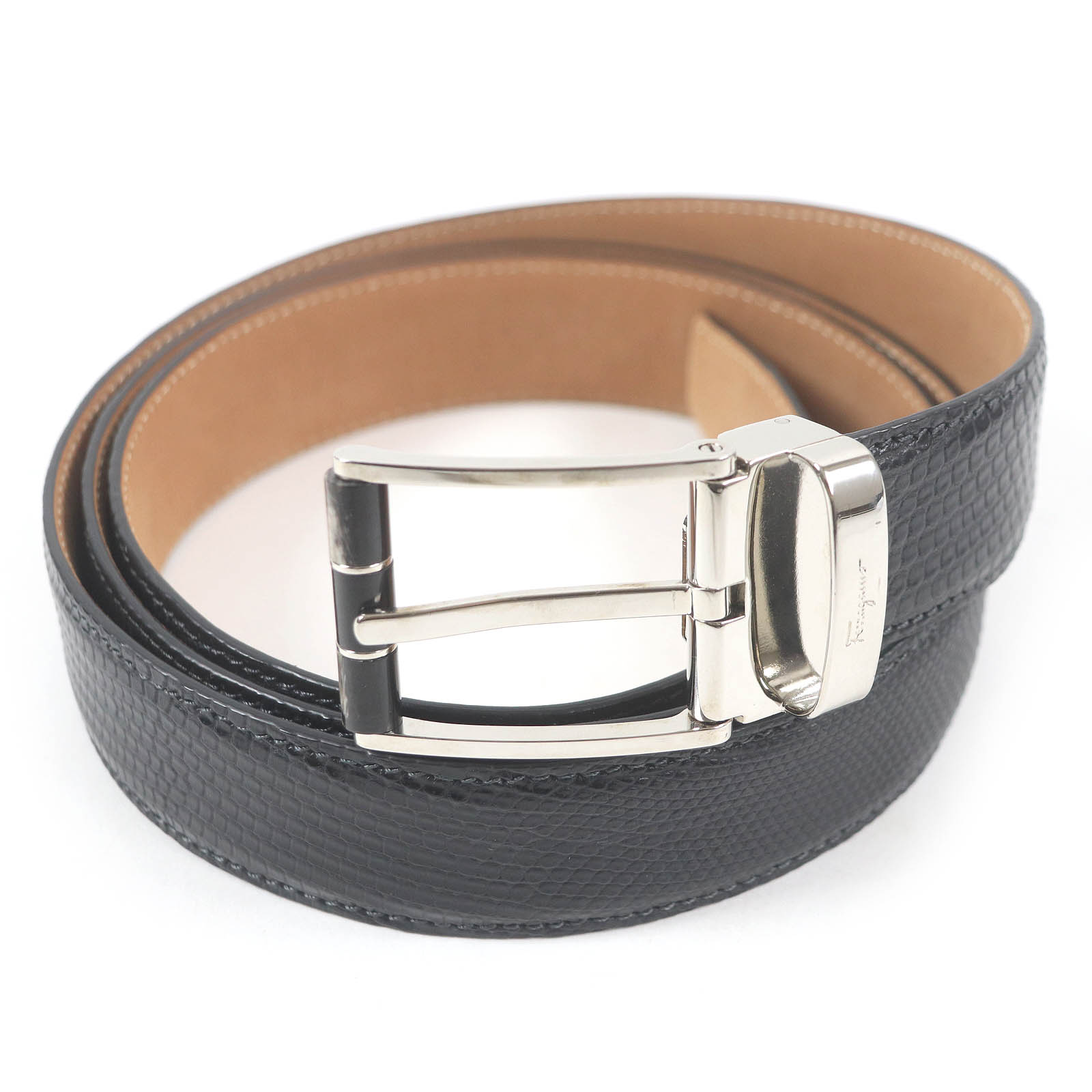 極美品□Salvatore Ferragamo サルヴァトーレフェラガモ シルバーピンバックル リザードレザー ベルト ブラック 保存袋付き イタリア製 メンズ【中古】