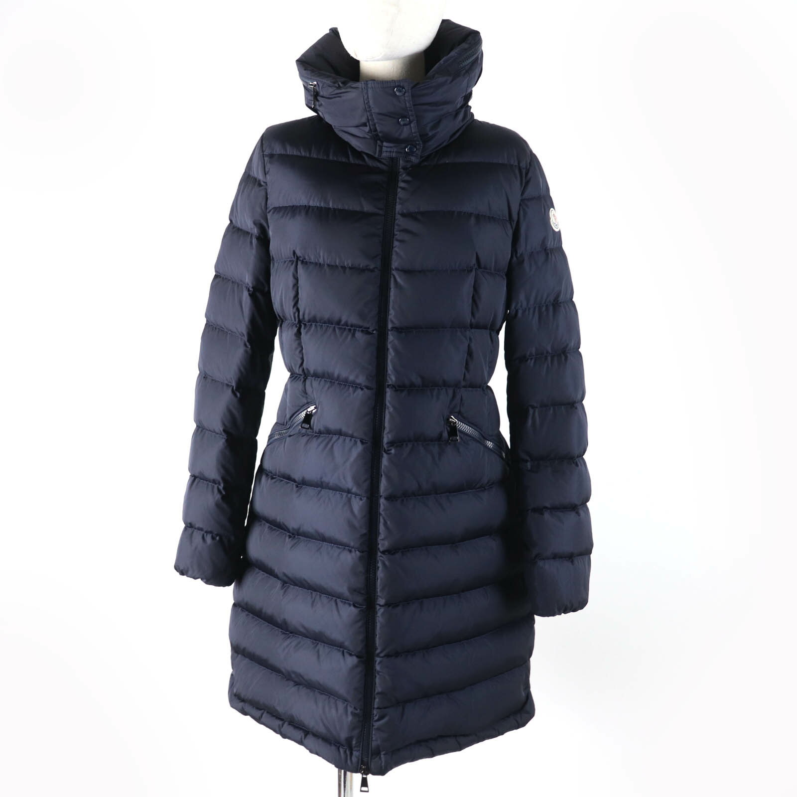 美品☆MONCLER モンクレール 18-19AW FLAMMETTE フラメッテ ロゴワッペン・フード付 ダウンコート ネイビー 2 ハンガー付き レディース【中古】