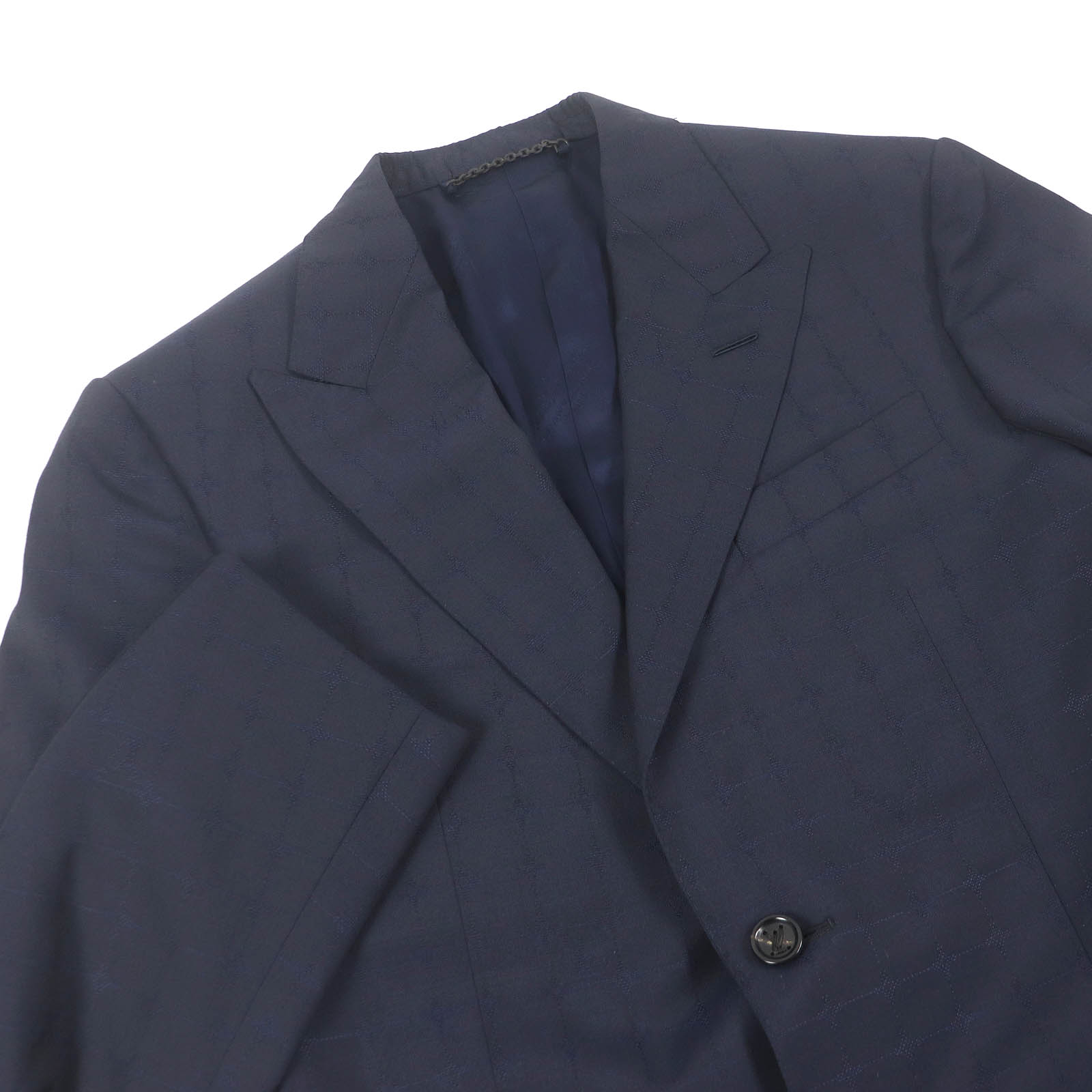 未使用品□LOUIS VUITTON ルイヴィトン 2022年製 ウール100％ PONT NUEF FIT LVロゴ 総柄 ピークドラペル シングルスーツ ネイビー 44 ハンガー付き イタリア製 正規品 メンズ【中古】