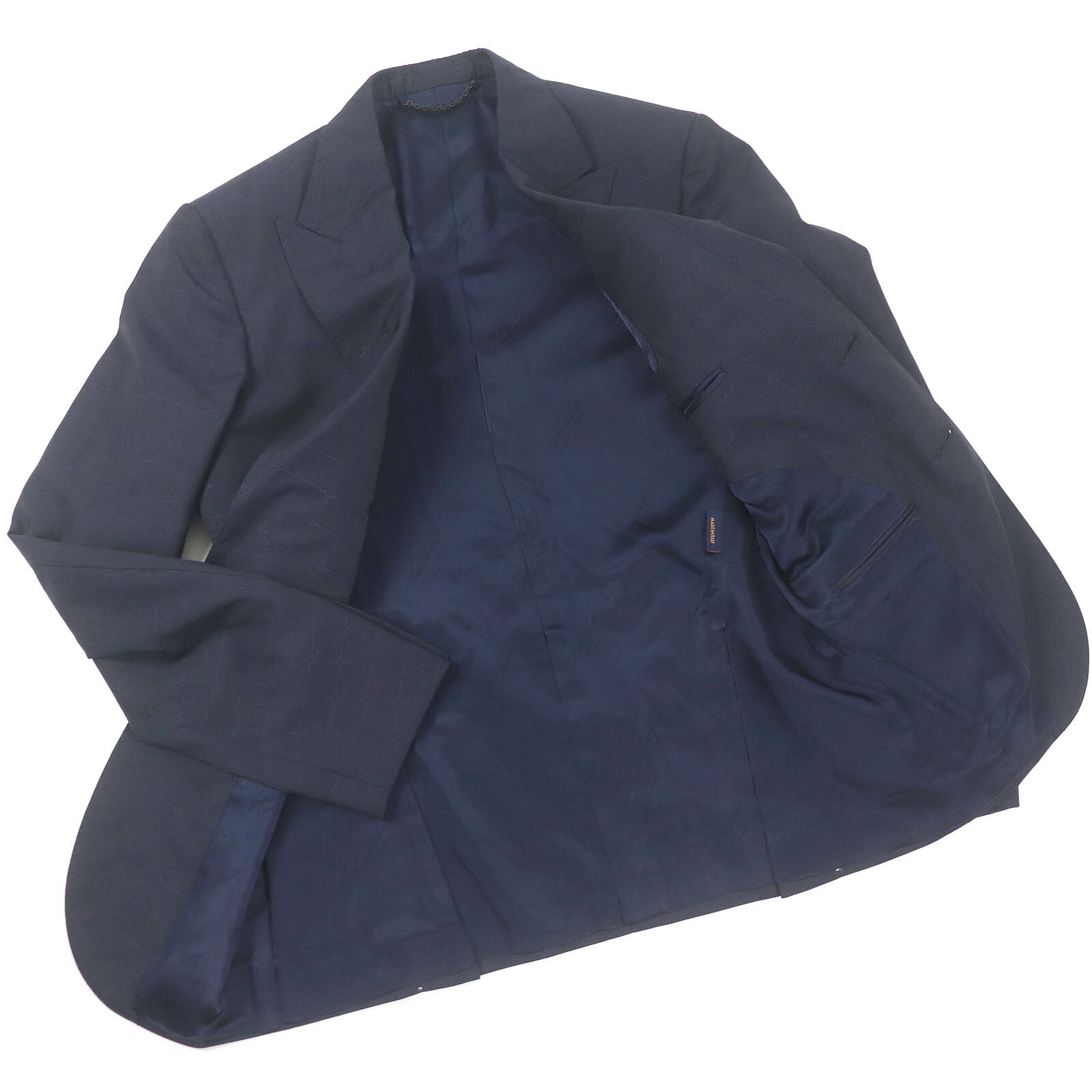 未使用品□LOUIS VUITTON ルイヴィトン 2022年製 ウール100％ PONT NUEF FIT LVロゴ 総柄 ピークドラペル シングルスーツ ネイビー 44 ハンガー付き イタリア製 正規品 メンズ【中古】