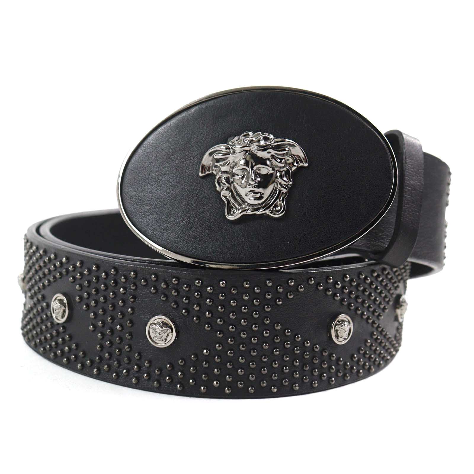 美品○VERSACE ヴェルサーチ メデューサ オーバルバックル スタッズドレザー ベルト ブラック シルバー金具 85/34 イタリア製 メンズ【中古】