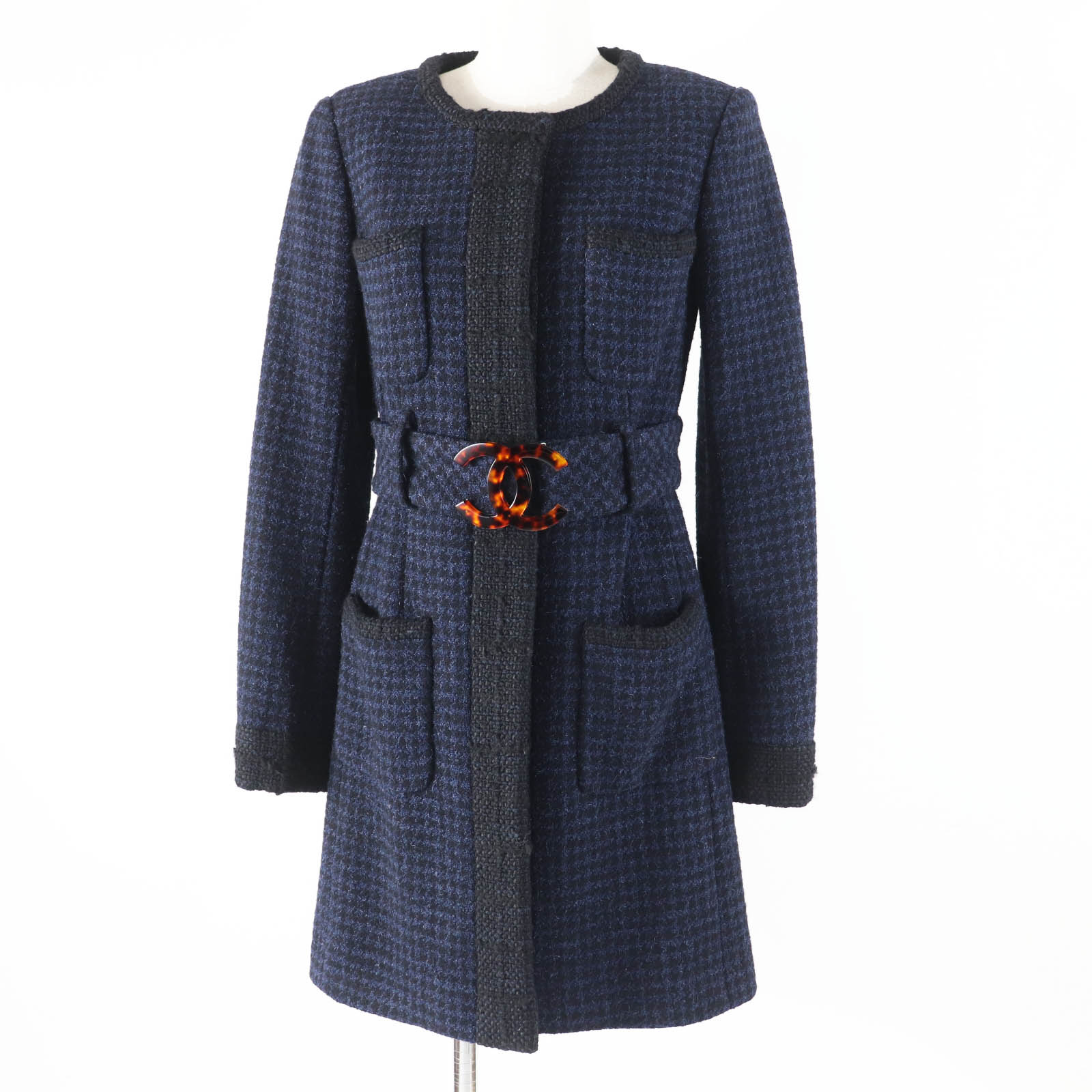 極美品◎CHANEL シャネル P57229 パク・シネ着用 BIGココバッグルベルト付き ロングコート ブラック ネイビー 34 フランス製 正規品 レディース【中古】