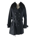 極美品★BURBERRY LONDON バーバリーロンドン B1B72-294-09 カシミヤ混 襟元FOXファー ロゴボタン・ベルト付 裏地チェック柄 ウール トレンチコート ブラック 40 日本製 正規品 レディース【中古】