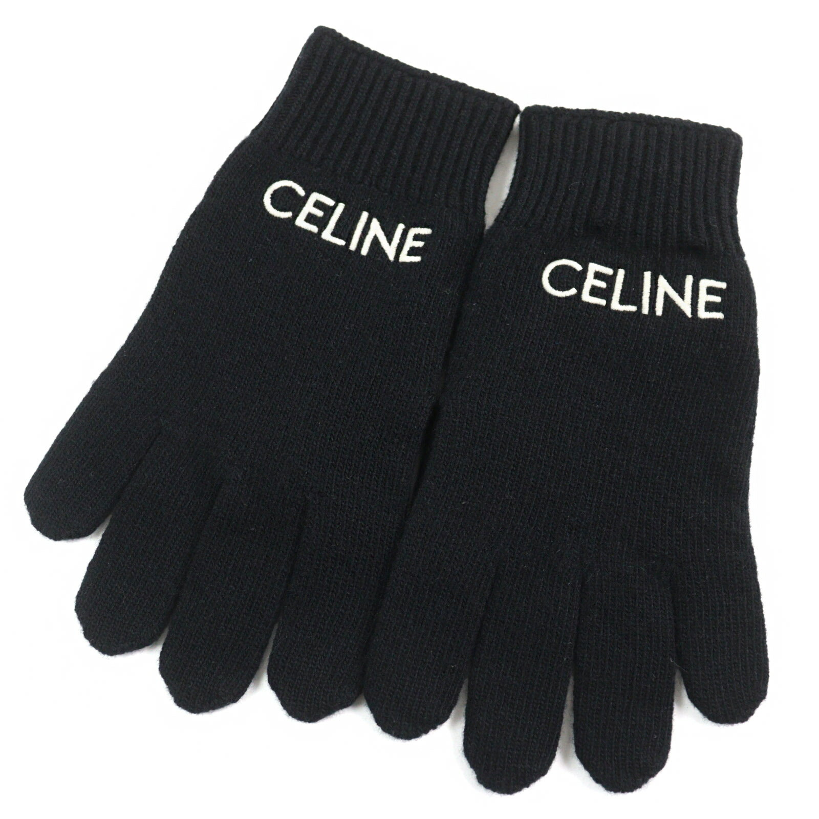 未使用品○CELINE セリーヌ 2AC55588S ウール100% ロゴエンブロイダリー ニットグローブ 手袋 ブラック ホワイト L イタリア製 正規品 メンズ【中古】