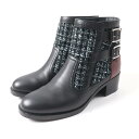 美品★CHANEL シャネル 22B G39334 ベルトデザイン ロゴ入り レザー ツイード アンクルブーツ ブラック ライトブルー 箱・保存袋付き イタリア製 レディース【中古】