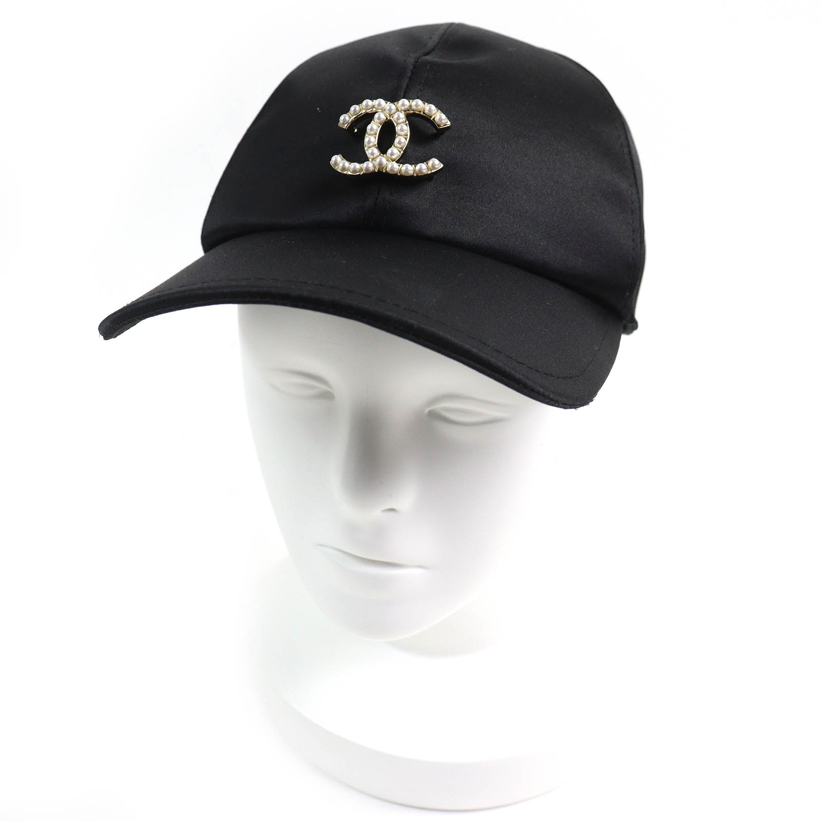 極美品△CHANEL シャネル 23S シルク100% ココマーク フェイクパール サテン ベースボールキャップ 帽子 ブラック 正規品 レディース 大人気 大人可愛い オススメ◎【中古】