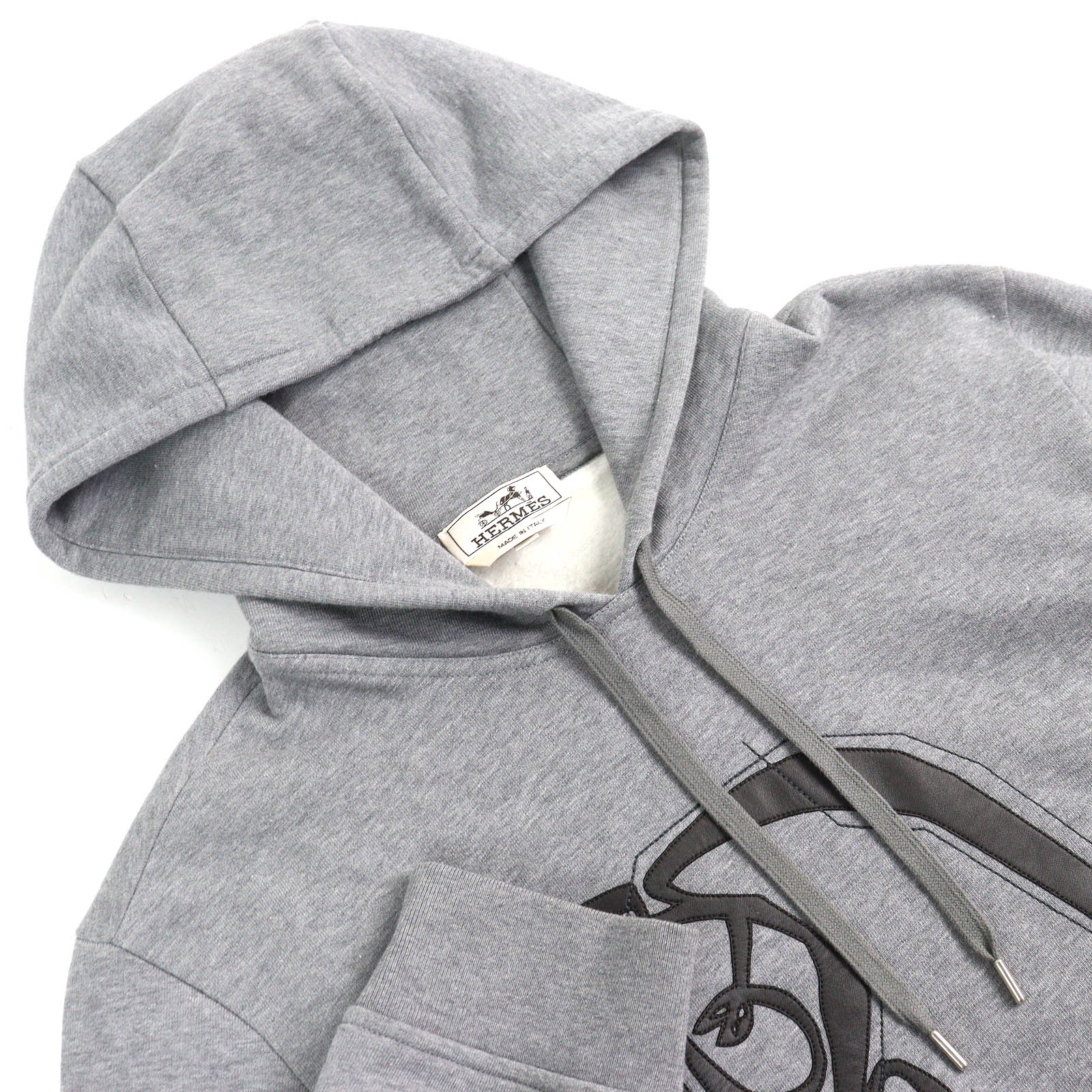極美品△HERMES エルメス コットン100％ ラムレザー ホースデザイン プルオーバー フーディ パーカー グレー M イタリア製 正規品 メンズ 大人気 オススメ◎【中古】