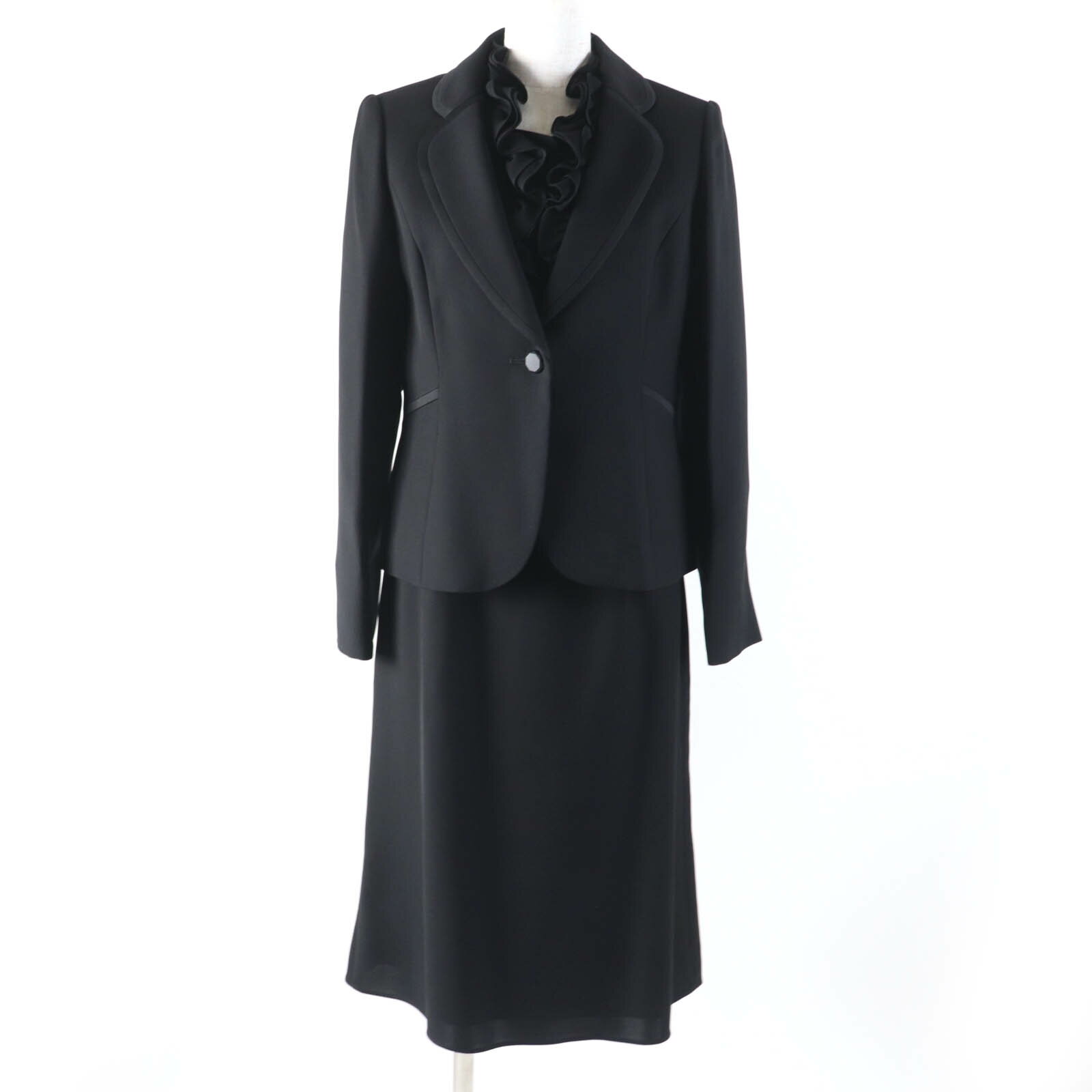 極美品☆TOKYO SOIR 東京ソワール ジャケット・スカート・長袖トップス 3点セット スーツ セットアップ ブラック 9 正規品 レディース【中古】