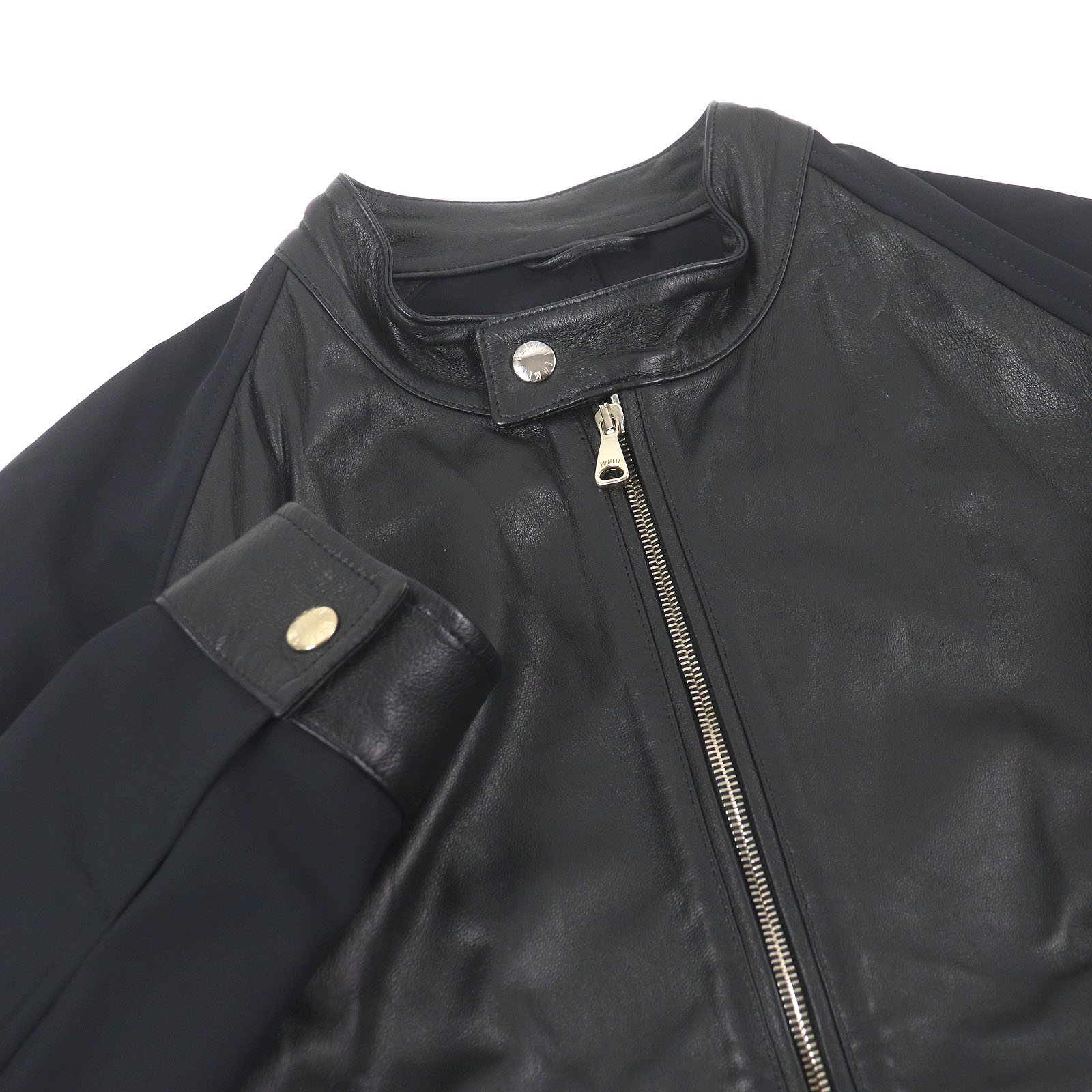 美品□EMMETI エンメティ 羊革 レザー切替デザイン ボンディング地 ライダース ジョガーパンツ 上下セットアップ ブラック 50・48 イタリア製 正規品 メンズ【中古】