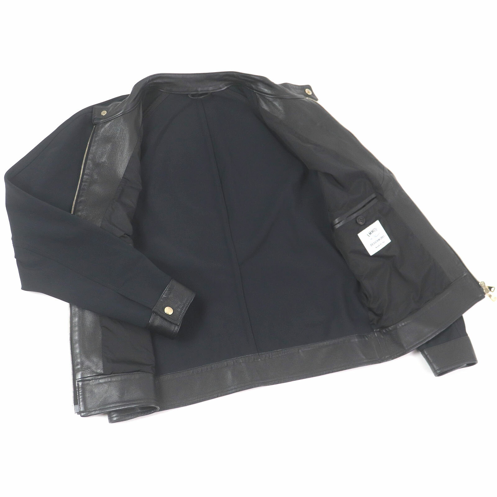 美品□EMMETI エンメティ 羊革 レザー切替デザイン ボンディング地 ライダース ジョガーパンツ 上下セットアップ ブラック 50・48 イタリア製 正規品 メンズ【中古】