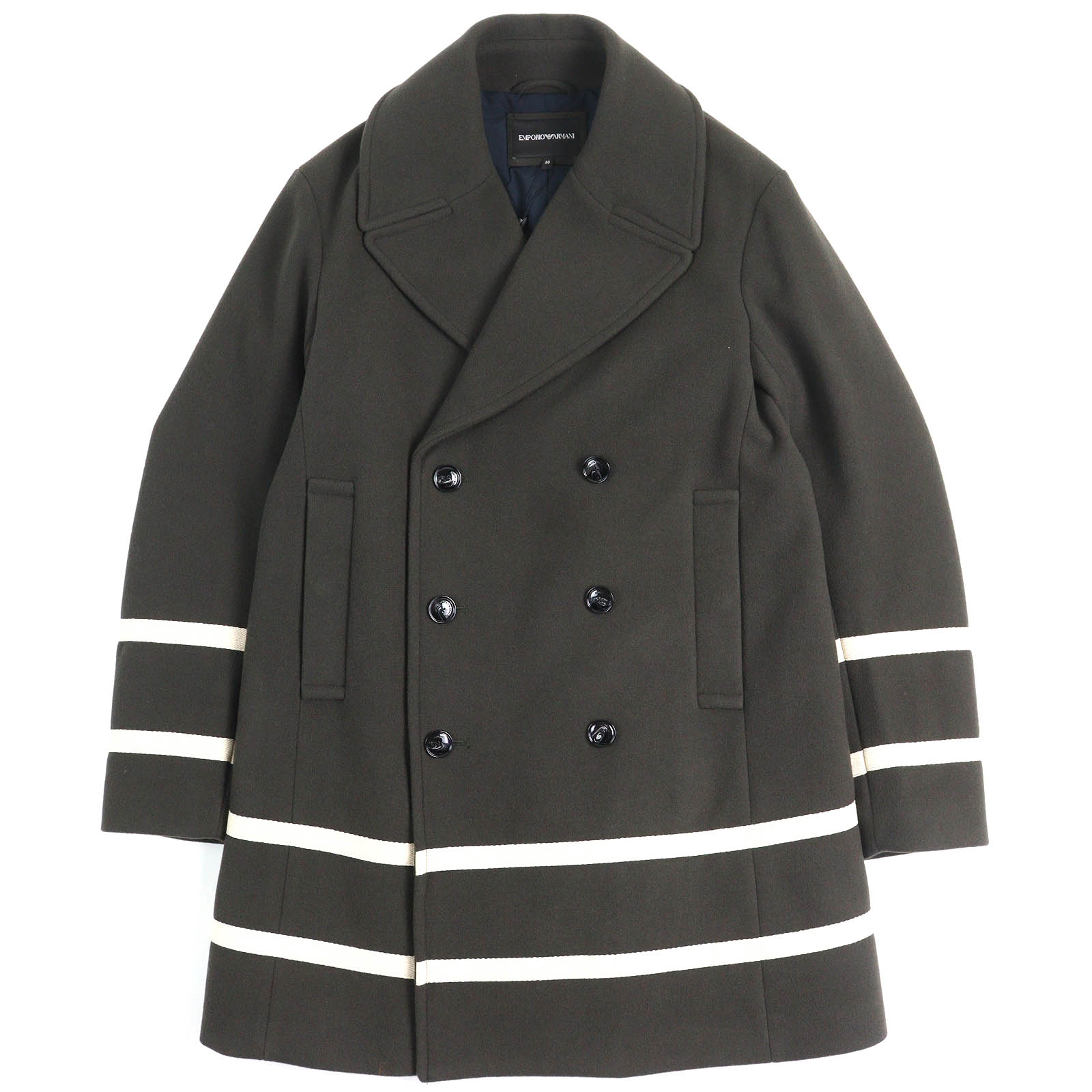 未使用品△EMPORIO ARMANI エンポリオ アルマーニ 黒タグ 2021年製 6K1L80 ウール100% テープデザイン ロゴボタン ダブルブレスト コート カーキ アイボリー 50 正規品 メンズ【中古】