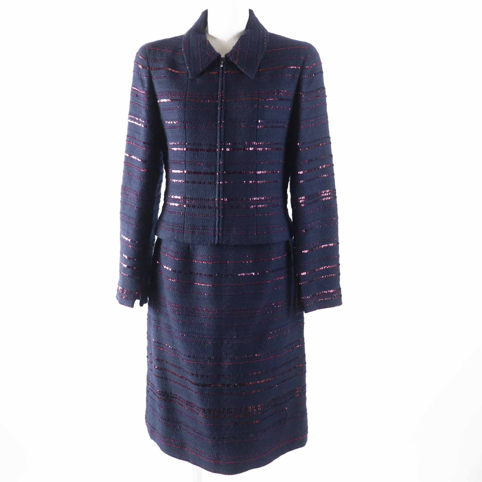 極美品◎CHANEL シャネル 00A P16208 ウール PVC 左袖口ココマーク付き スパンコール ツイード セットアップ ネイビー ボルドー 38 フラ...