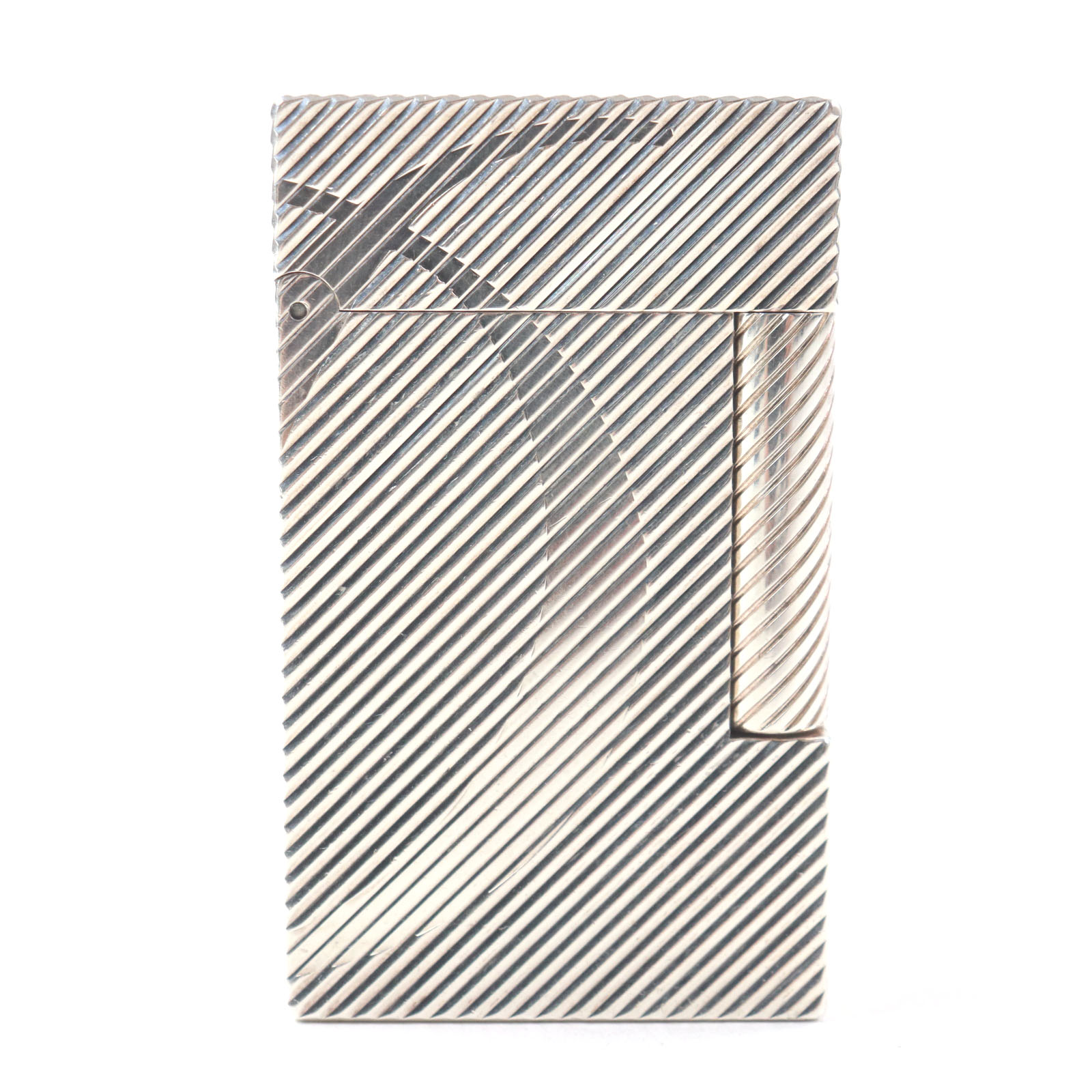 良品▼Dupont デュポン ライン2 スクエア ロゴ柄 ストライプ ローラー式 ガスライター シルバー フランス製 メンズ 着火確認済み【中古】