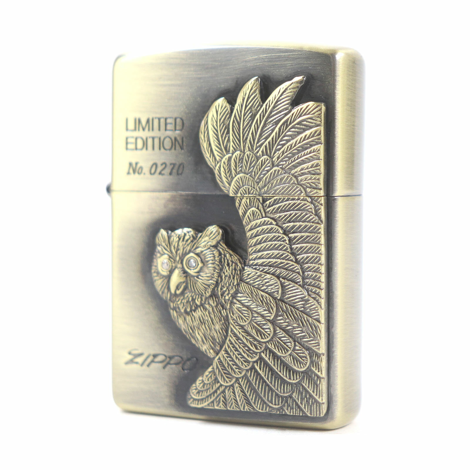 未使用品□ZIPPO ジッポ フクロウ 天然ダイヤモンド入り 2000個限定 オイルライター 喫煙具 ゴールド USA製 メンズオススメ 着火不可【中古】