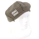 極美品★Miu Miu ミュウ ミュウ 5HC075 ウール100% ロゴ刺繍入り グレンチェック柄 ベレー帽 ブラウン系 M イタリア製 正規品 レディース【...