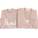 美品□Papas パパス コットン100% ロゴ入り ロングスリーブ セーター ニットカーディガン 2点セット ピンク Sサイズ相当 正規品 メンズ【中古】