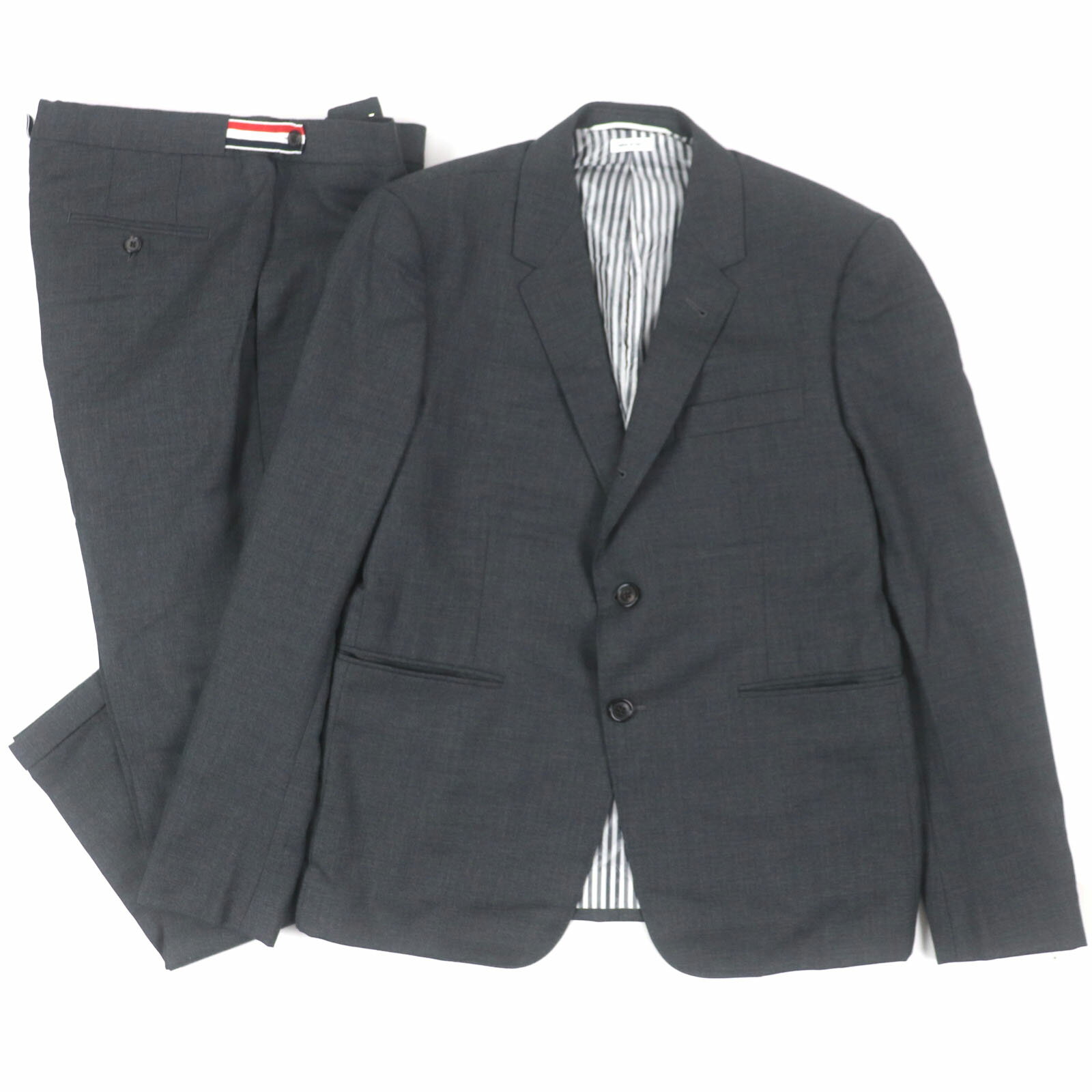 極美品▼THOM BROWNE トムブラウン ウール100% 本切羽 シングルスーツ セットアップ グレー 2 ハンガー付き イタリア製 正規品 メンズ【中古】