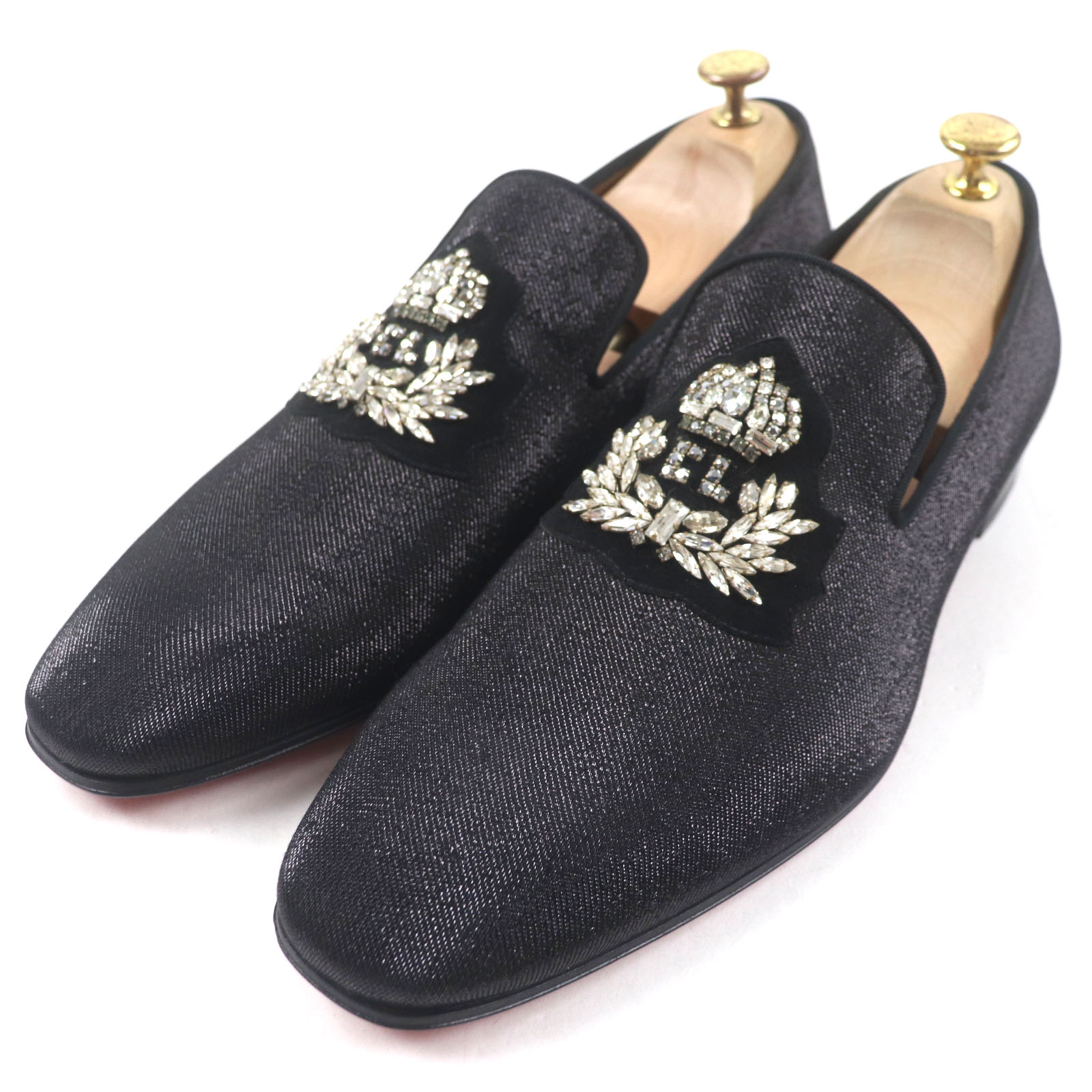 極美品▼Christian Louboutin クリスチャンルブタン ダンデライオン キャンバス ラインストーン ローファー スリッポン ブラック 42.5 保...