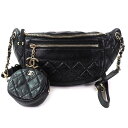 極美品△CHANEL シャネル AS1077 28番台 ココマークチャーム ポーチ付き エイジドカーフスキン マトラッセ ウエストポーチ ウエストバッグ クロスボディバッグ ショルダーバッグ ウエストバッグ ブラック ゴールド金具 保存袋付き イタリア製 レディース【中古】