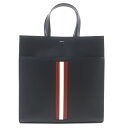 未使用品▼BALLY バリー MYTHOS TOTE NS レザー スクエア ロゴ入り ストライプ トートバッグ ブラック 保存袋付き メンズ ビジネスオスス【中古】