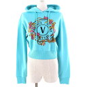 未使用品△VERSACE JEANS COUTURE ヴェルサーチェ ジーンズ クチュール 78HAIC01 コットン100% ロゴ スパンコール装飾 クロップド パーカー ライトブルー S 保存袋付き イタリア製 レディース【中古】