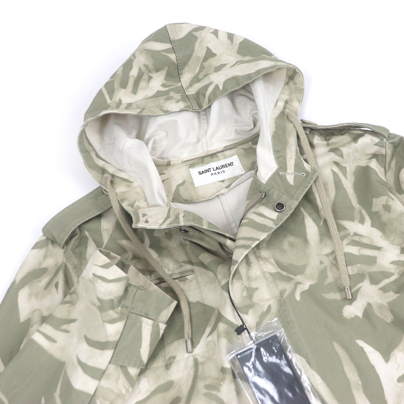 極美品□SAINT LAURENT PARIS サンローランパリ 2020年製 645595 リネン混 リーフプリント フーデッド モッズコート ミリタリージャケット カーキ 50 イタリア製 正規品 メンズ【中古】