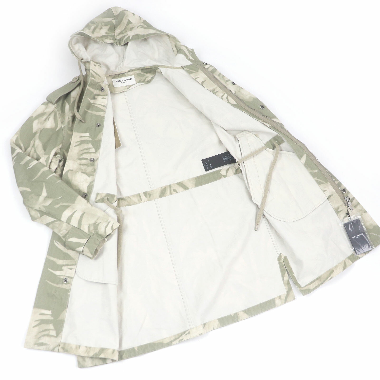 極美品□SAINT LAURENT PARIS サンローランパリ 2020年製 645595 リネン混 リーフプリント フーデッド モッズコート ミリタリージャケット カーキ 50 イタリア製 正規品 メンズ【中古】
