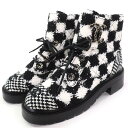 極美品△CHANEL シャネル G36424 ココマーク スパンコール装飾 格子柄 ツイード ショートブーツ アンクルブーツ ブラック ホワイト 37.5 イタリア製 レディース【中古】