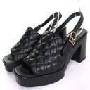 極美品△CHANEL シャネル 24P G45567 ココマーク マトラッセ ストラップ付き レザー サンダル チャンキーヒール ブラック ゴールド金具 37 保存袋付き イタリア製 レディース【中古】
