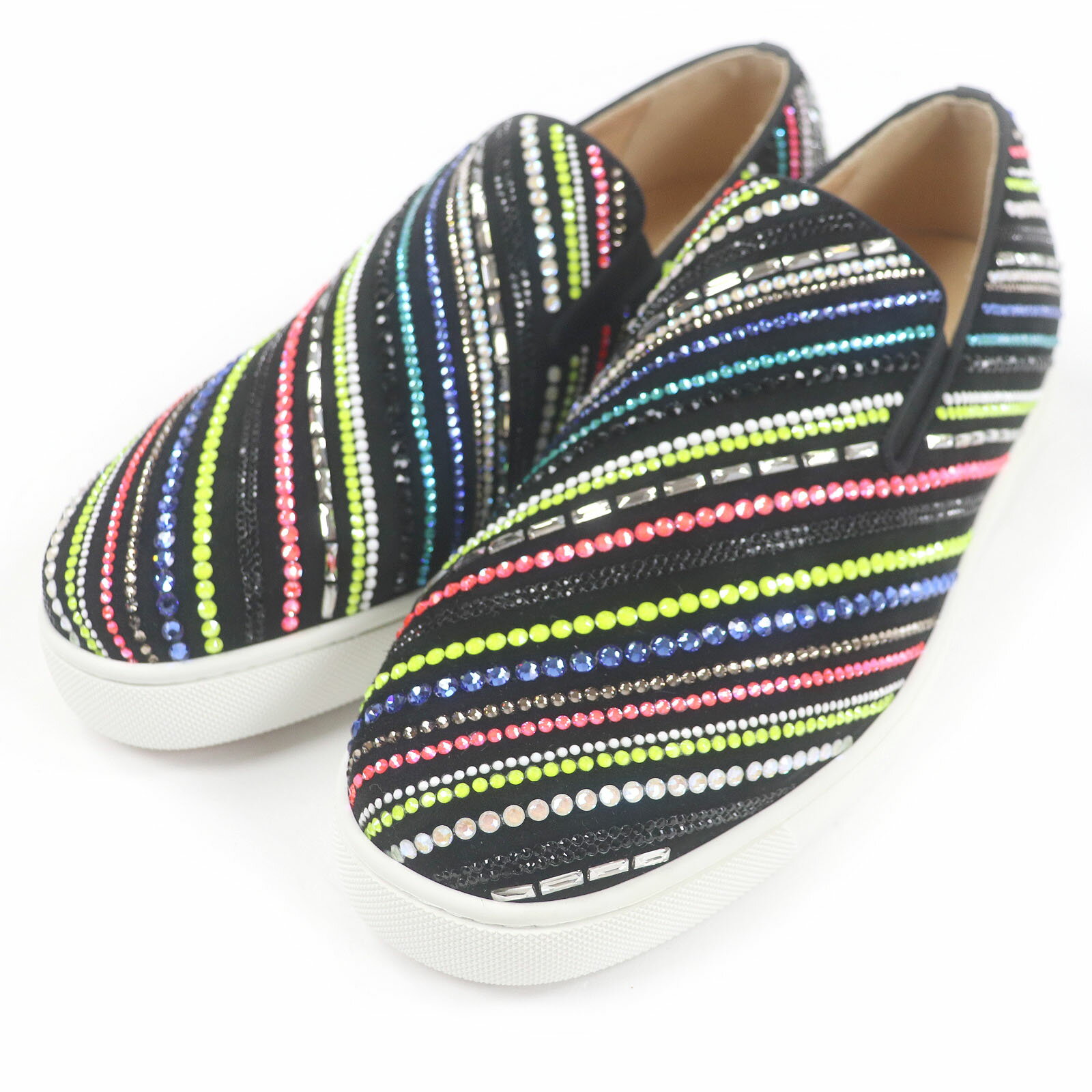 未使用品□Christian Louboutin クリスチャンルブタン BOAT RAYS FLAT SUEDE スウェードレザー ラインストーン スリッポン ...