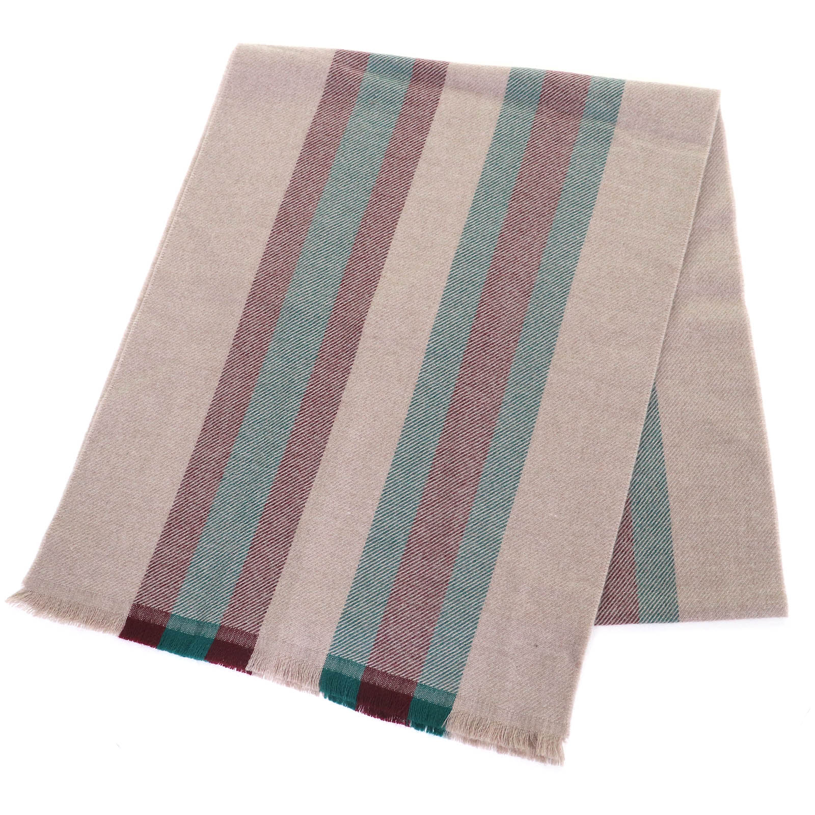 極美品△GUCCI グッチ 387574 4G200 ウール100％ シェリーライン フリンジ付き ショール ストール マフラー ライトブラウン ボルド グリーン 180cm×30cm イタリア製 正規品 レディース【中古】