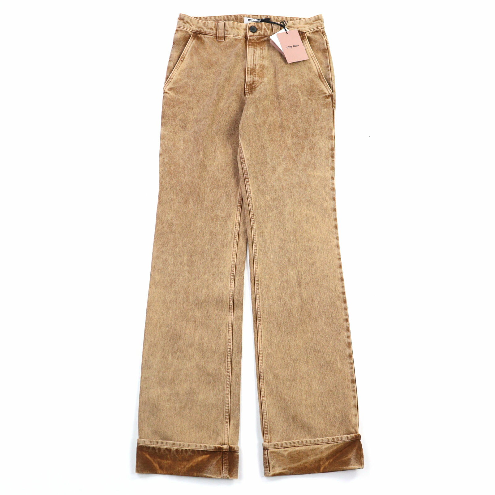 未使用品○MIUMIU ミュウミュウ 2022年製 GWP467 コットン100% バックロゴ刺繍 マーブル加工 ターンナップ デニムパンツ ブラウン系 38 ...