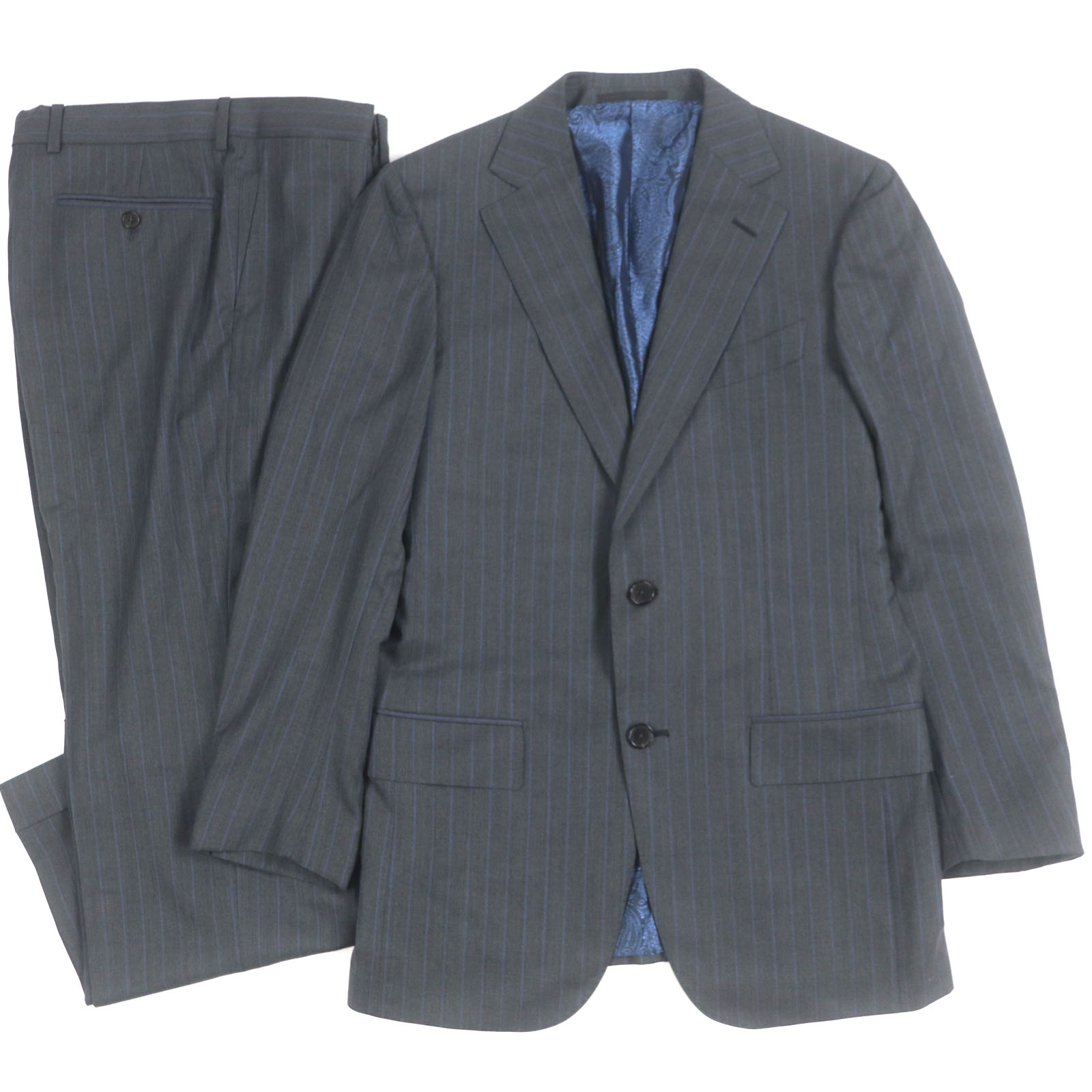 極美品▼Ermenegildo Zegna SU MISURA エルメネジルドゼニア ス ミズーラ COOL EFFECT ウール100% ストライプ柄 裏地ペイズリー柄 シングルスーツ セットアップ グレー 44 スイス製 正規品 メンズ【中古】