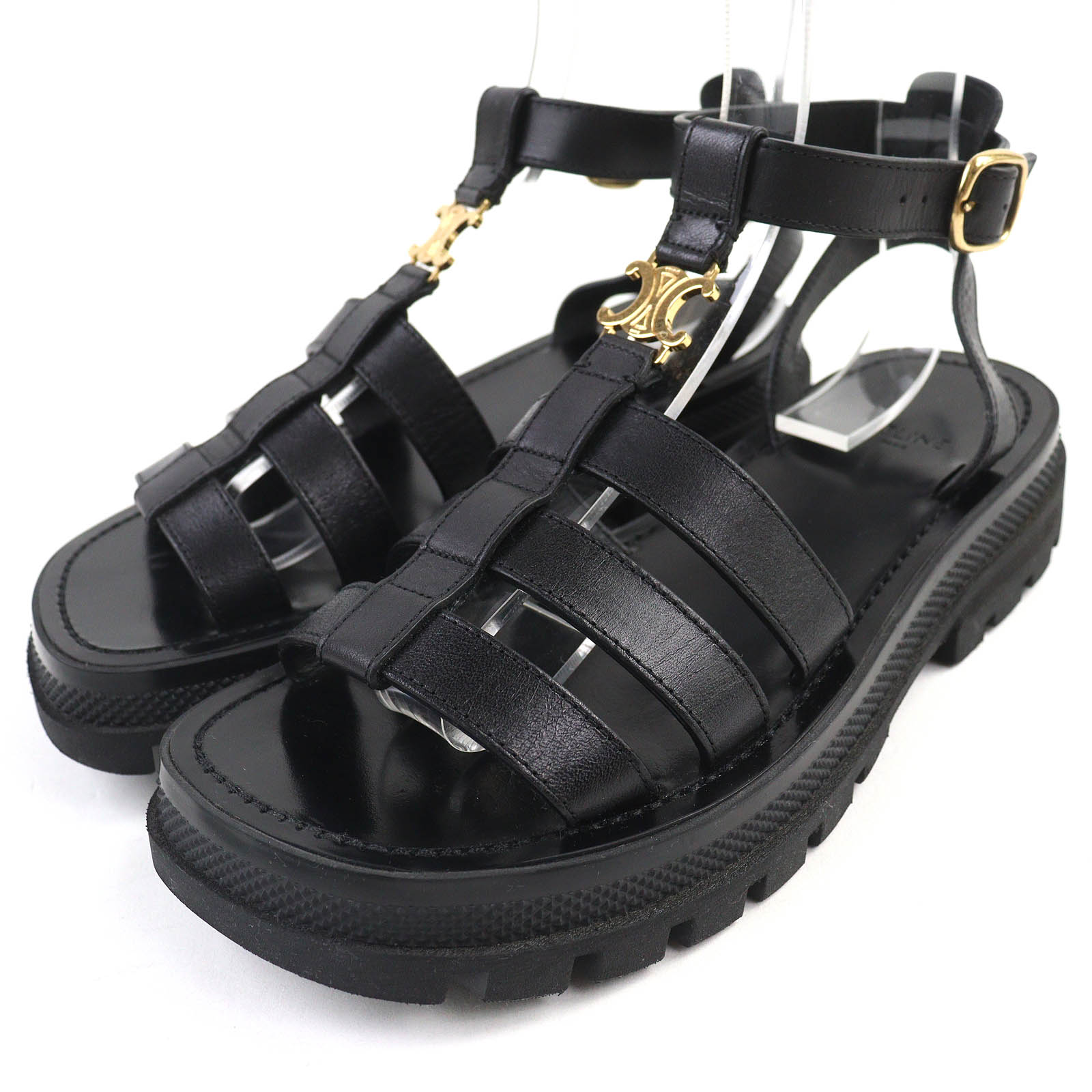 美品△CELINE セリーヌ Clea クレア トリオンフ レザー グラディエーター サンダル ブラック ゴールド金具 37 箱・保存袋付き イタリア製 レディース【中古】