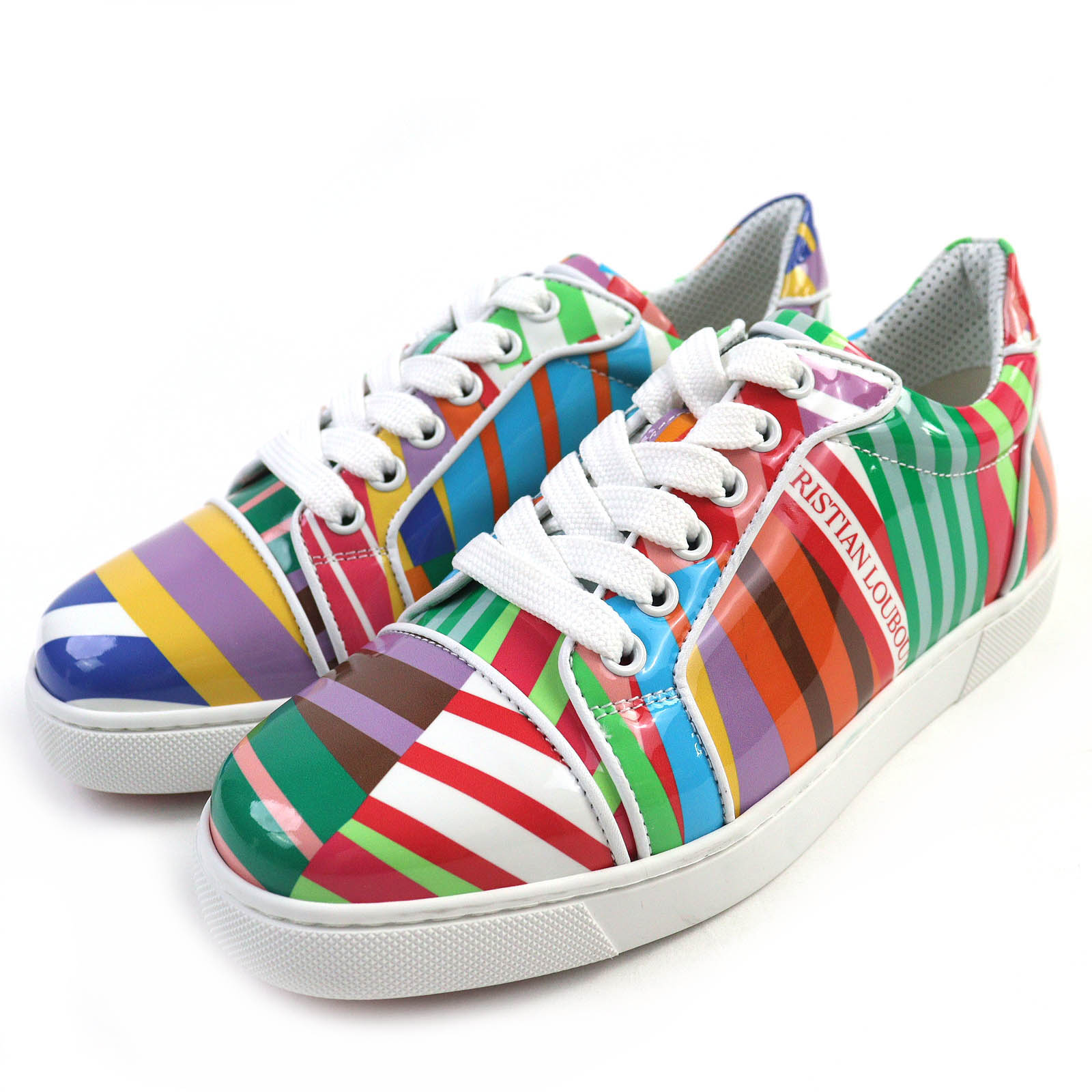 【ドンドン見直し】未使用品△Christian Louboutin クリスチャンルブタン パテントレザー ロゴ マルチストライプ ローカットスニーカー マルチカラー 36.5 イタリア製 レディース【中古】