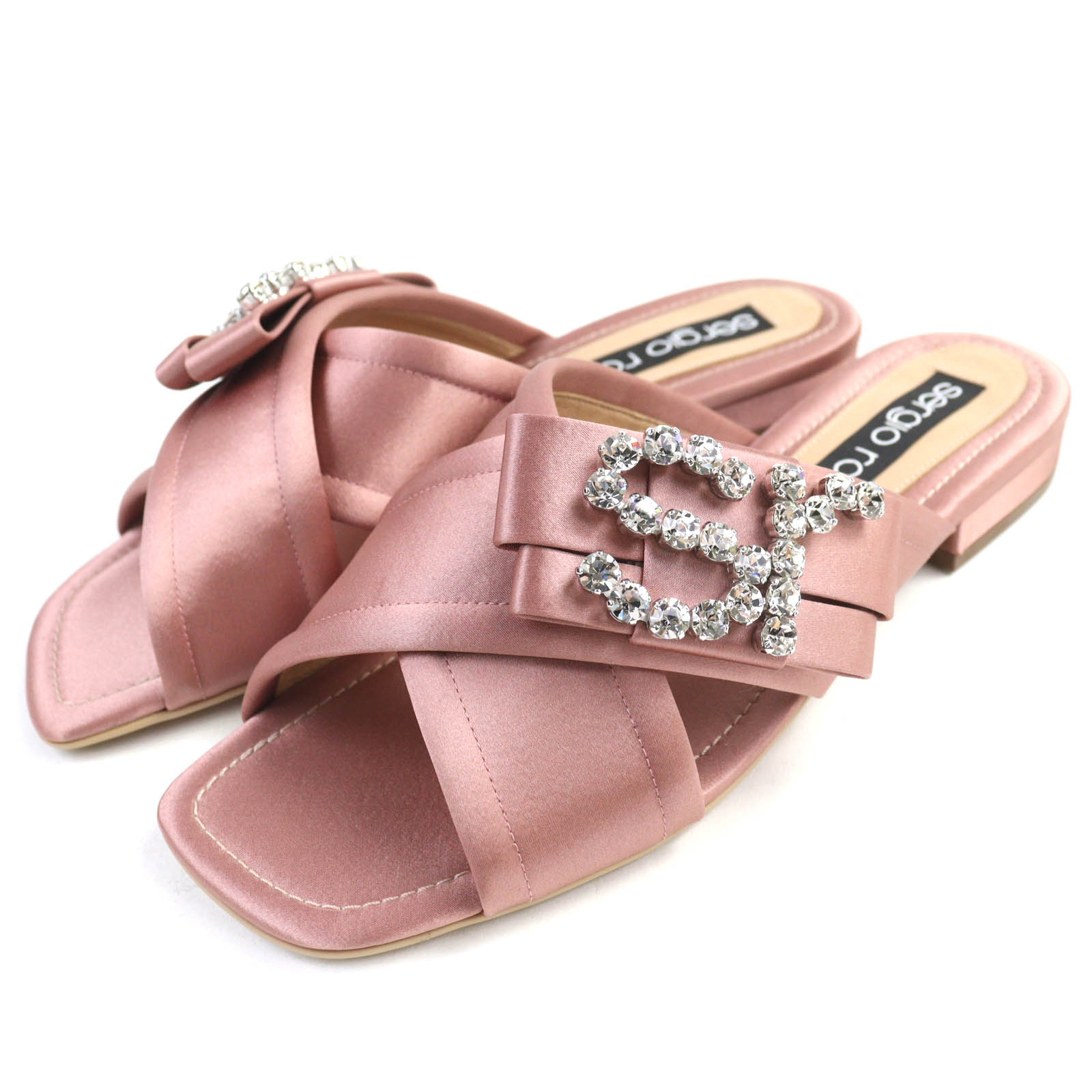 【ドンドン見直し】極美品△Sergio Rossi セルジオロッシ A83730 リボン ロゴビジュー クロス サテン ミュール サンダル ピンク系38.5 箱・保存袋付き イタリア製 レディース【中古】