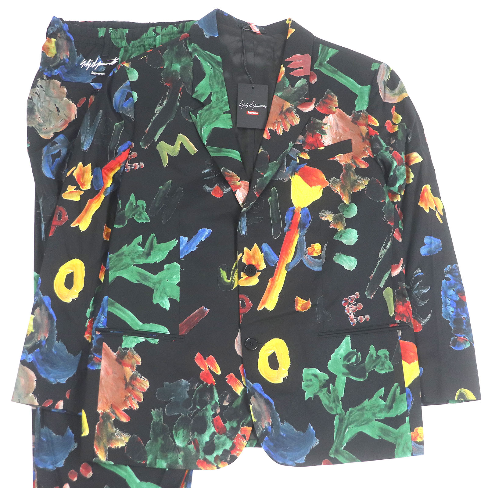 未使用品□Supreme Yohji Yamamoto シュプリーム ヨウジヤマモト 22AW 総柄 ロゴ刺繍 シングルスーツ セットアップ ブラック L 正規...