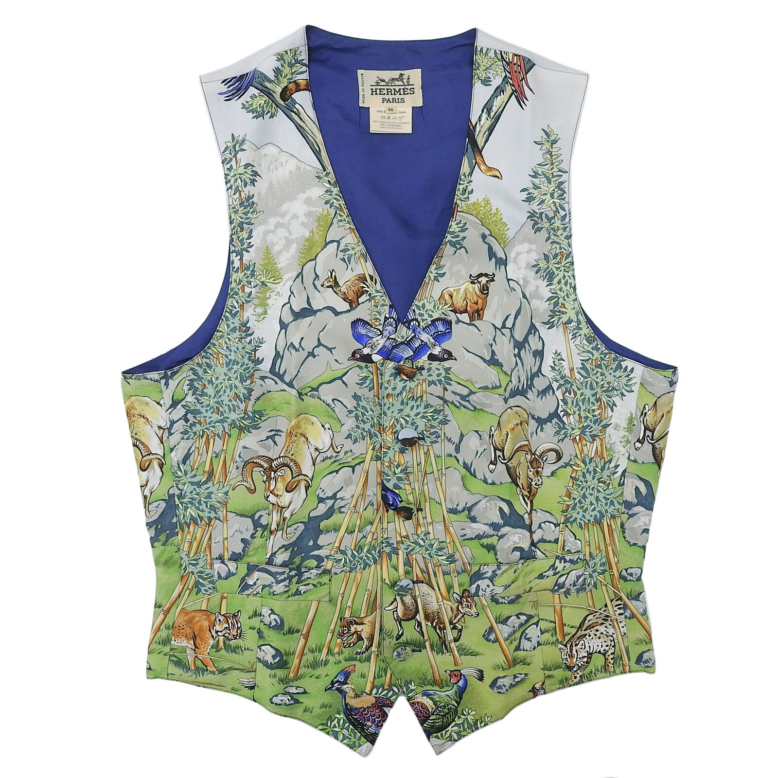 良品▲HERMES エルメス ヴィンテージ シルク100% 超希少 SICHUAN 四川省 アニマル柄 ジレ ベスト マルチ..