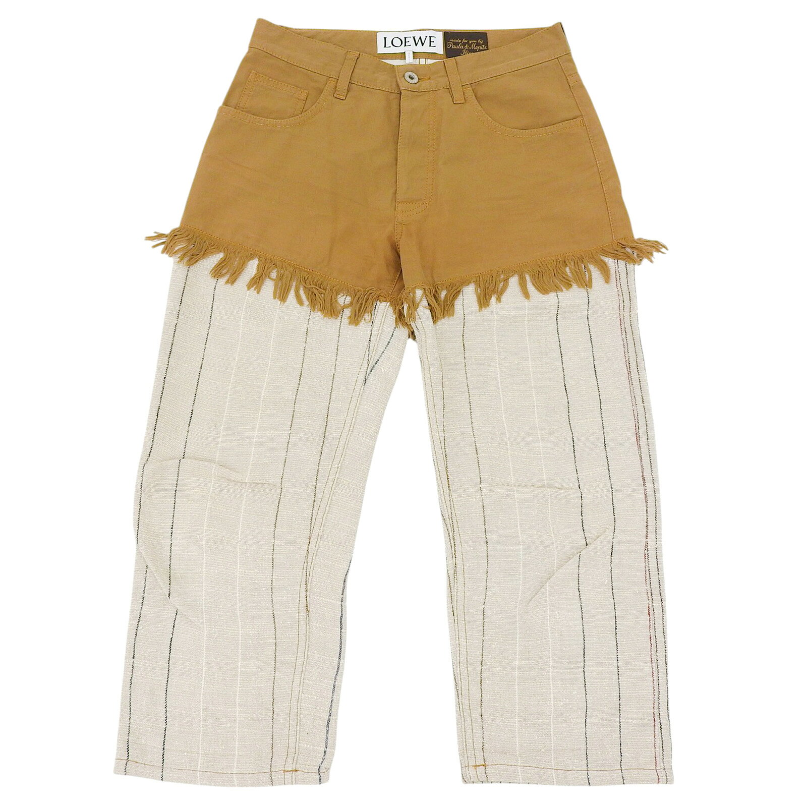 Rakuten - 極美品▲LOEWE×Paulas Ibiza ロエベ×パウラズイビザ S2292032IB ヘンプ リネン混 切替デザイン ロゴボタン付き パンツ ブラウン 34 イタリア製 正規品 メンズ【中古】