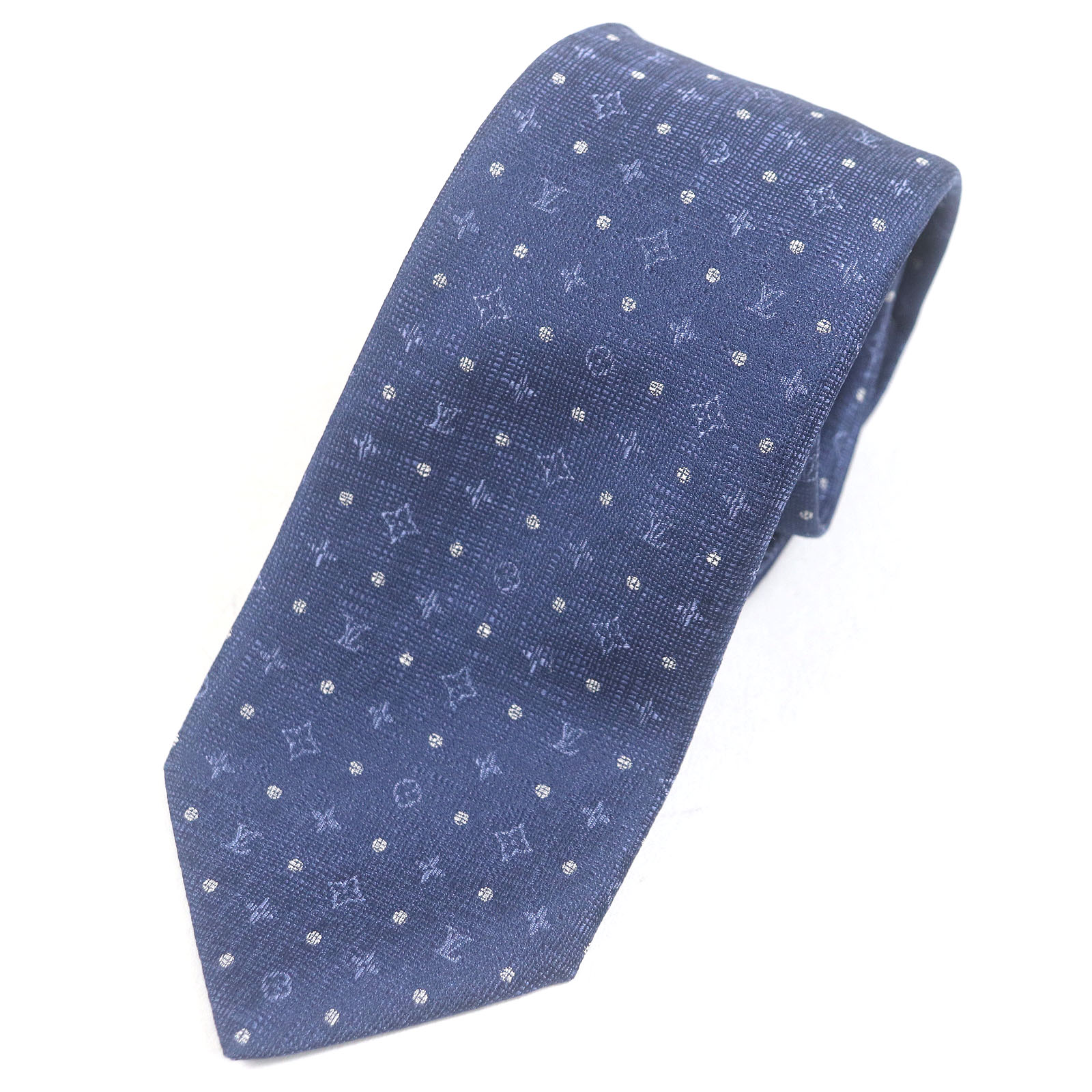 極美品□LOUIS VUITTON ルイヴィトン M75979 クラヴァット・ドッツ モノグラム シルク100％ レギュラータイ ネクタイ ネイビー 箱付き イタリア製 メンズ【中古】