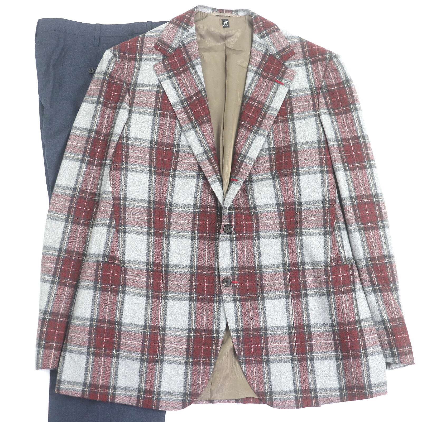 極美品□Cicio チッチオ タータンチェック ビスポーク シングルスーツ 上下セットアップ グレー レッド ネイビー Lサイズ相当 ハンガー付き メンズ【中古】