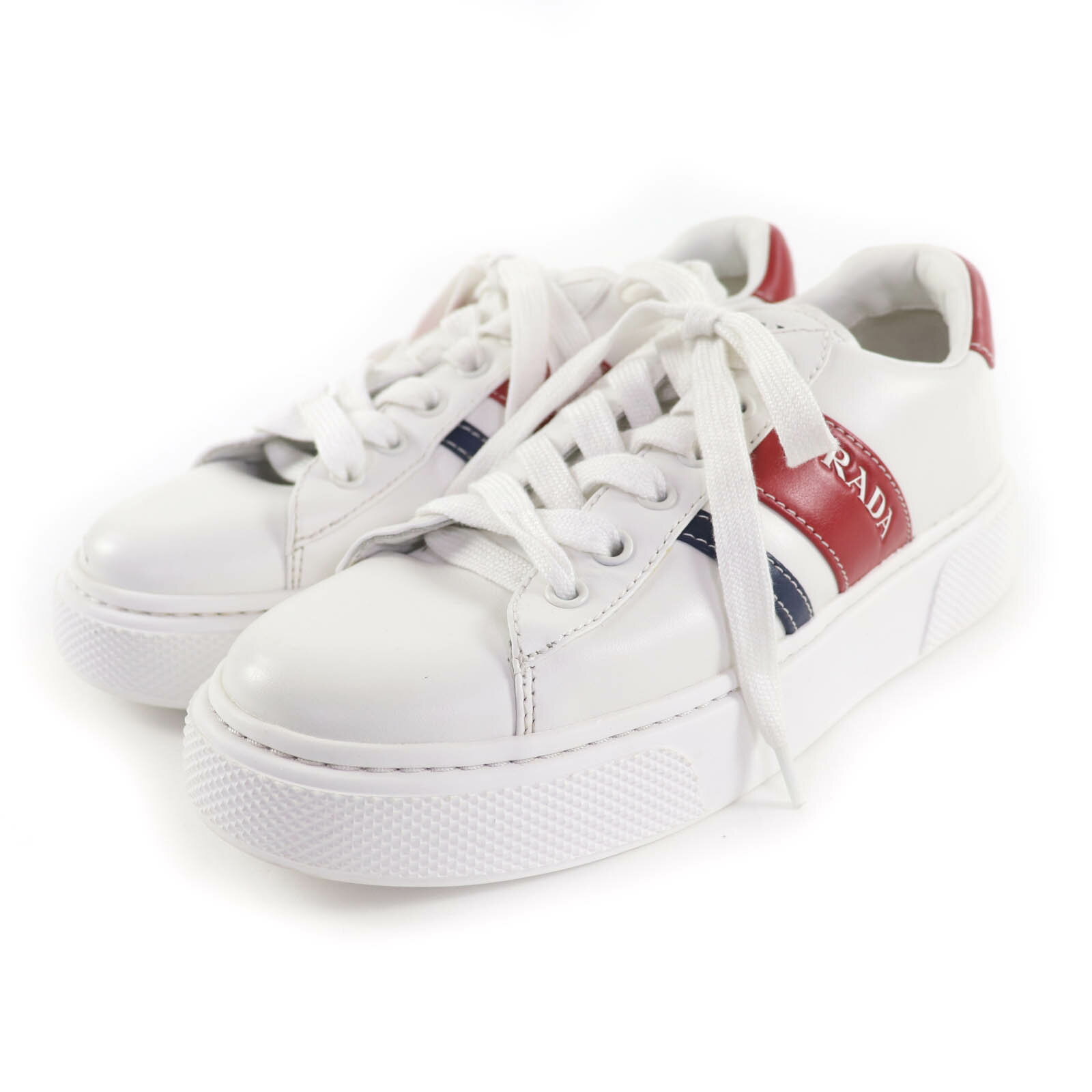 【ドンドン見直し】良品★PRADA プラダ 1E802M ロゴデザイン レースアップ レザー スニーカー シューズ ホワイト 37 レディース【中古】