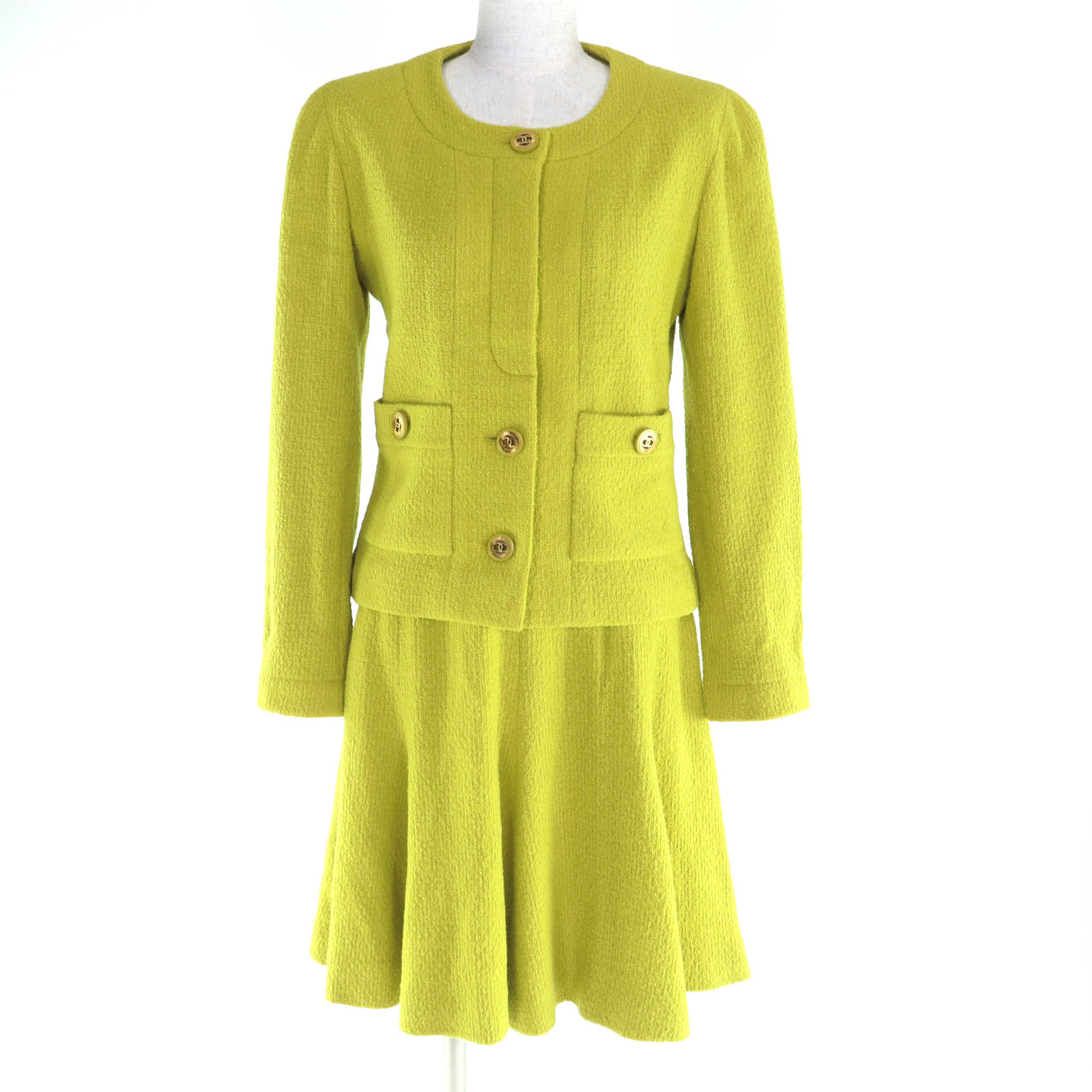 良品★CHANEL シャネル ヴィンテージ ココマークボタン付 ツイード ジャケット+フレアスカート セットアップ スーツ ライトグリーン 36 フランス製 レ...