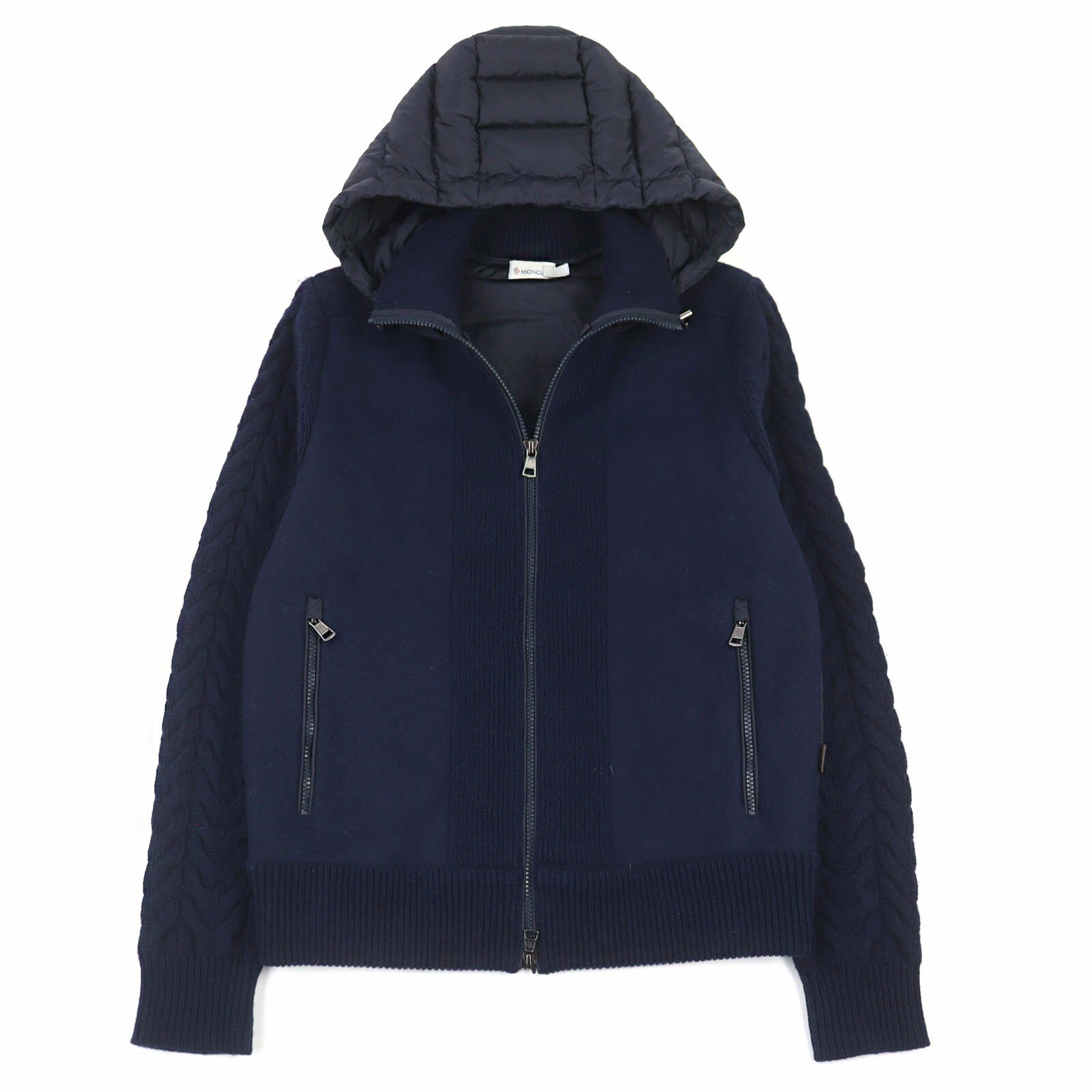極美品○MONCLER モンクレール A20919413100 97896 MAGLIONE TRICOT CARDIGAN ロゴパッチ付き ニット切替 フーデッド ダブルジップ ダウンジャケット ネイビー S 正規品 メンズ【中古】