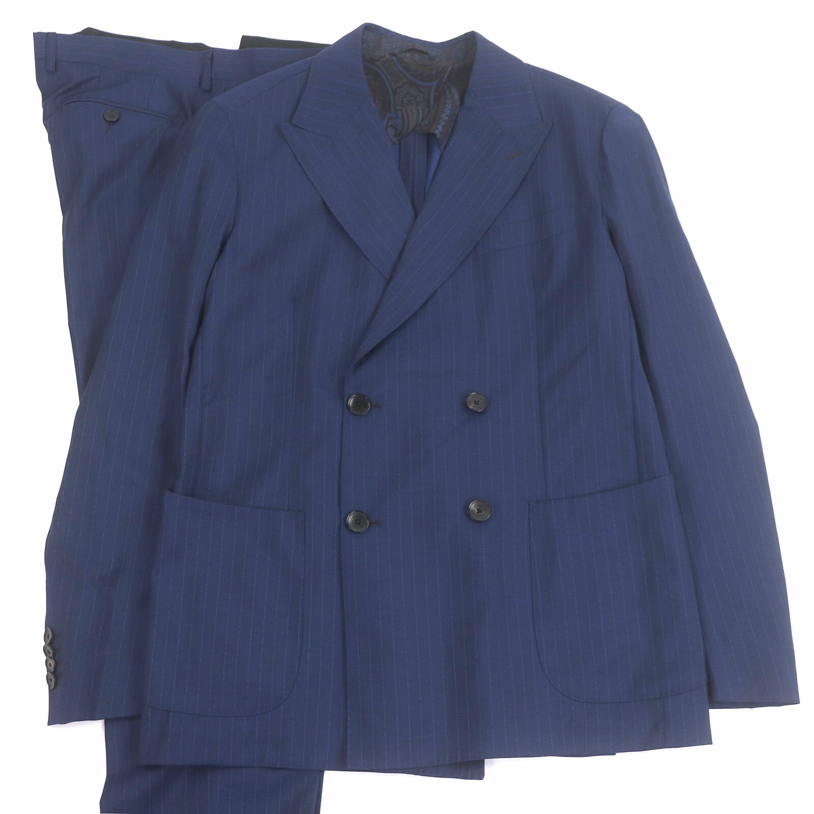 未使用品□ETRO エトロ ウール 裏シルク100％ ストライプ柄 シングルスーツ ブレザー スラックス 上下セットアップ ネイビー 54 ハンガー付き メンズ 正規品【中古】